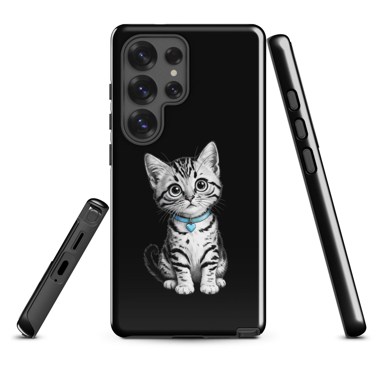 Phone Case for Samsung Galaxy featuring sketch of kitten with blue heart charm.