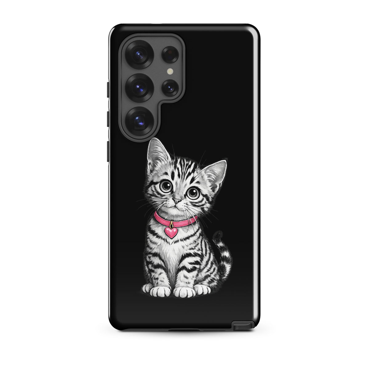 Phone Case for Samsung Galaxy with kitten and pink heart charm design, elegant black-and-white pencil sketch, protective case