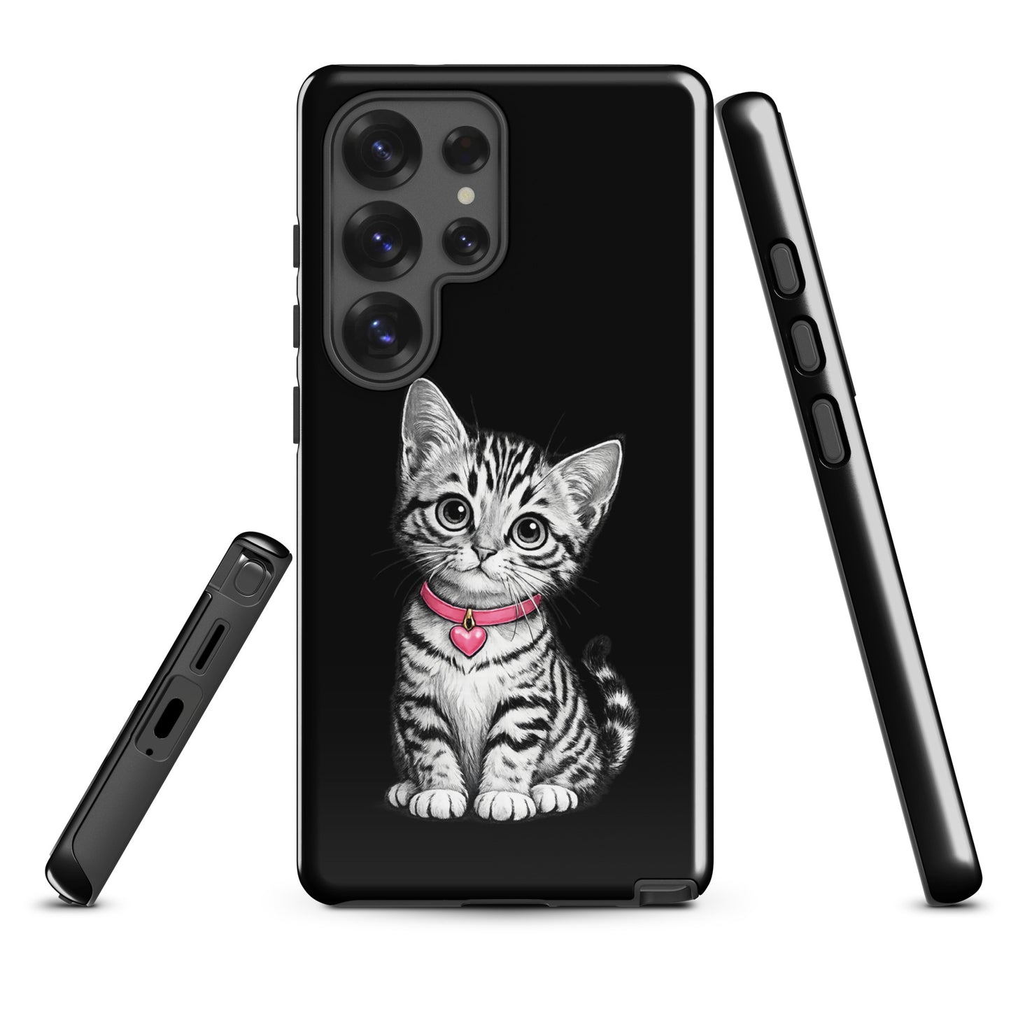Phone Case for Samsung Galaxy with adorable kitten, pink heart charm, black and white sketch design. Premium protection and style.