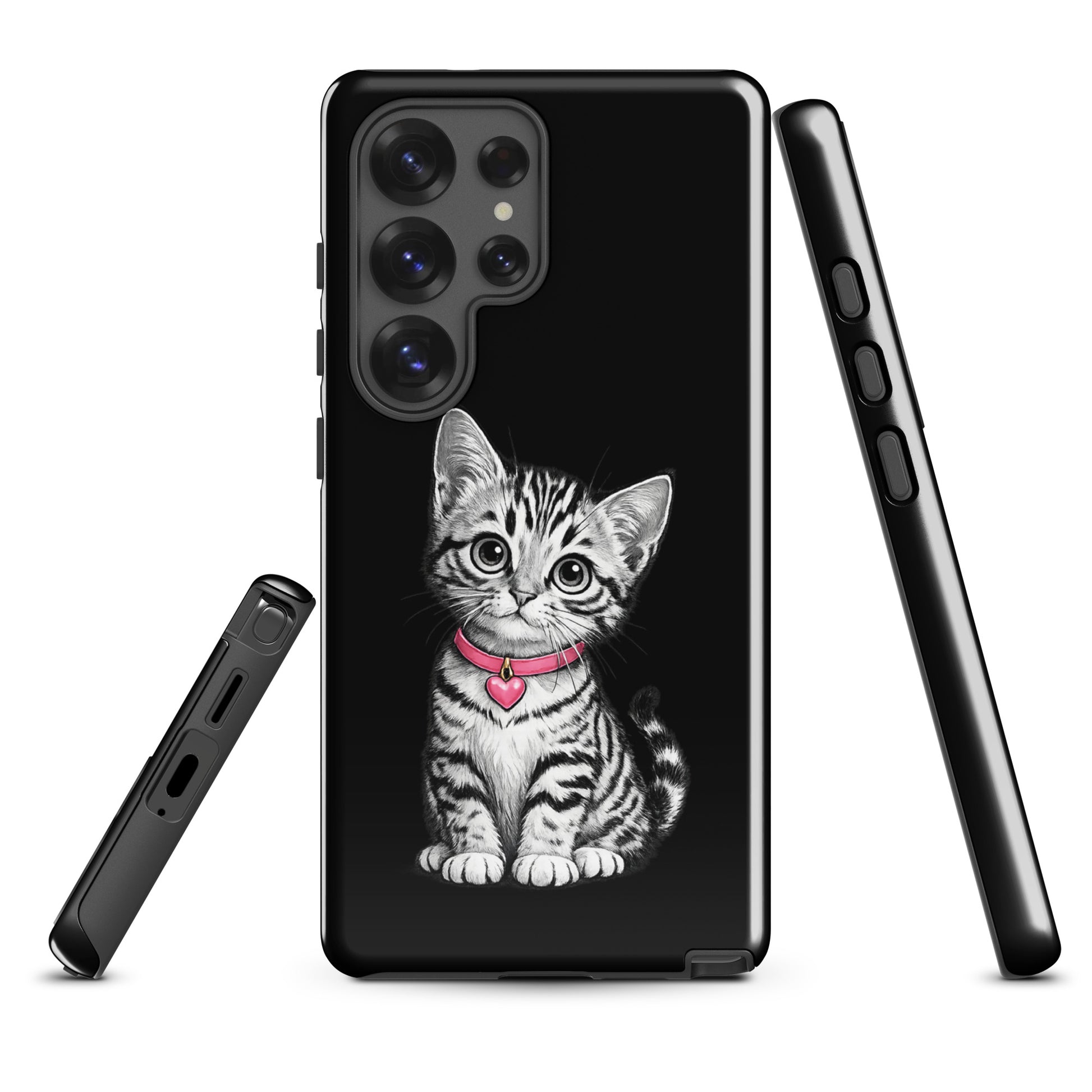 Phone Case for Samsung Galaxy with adorable kitten, pink heart charm, black and white sketch design. Premium protection and style.