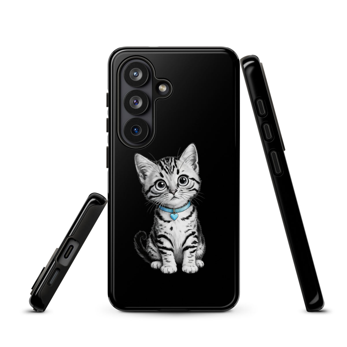 Phone Case for Samsung Galaxy with kitten sketch and blue heart charm, offering cute artful design and protection for your device.