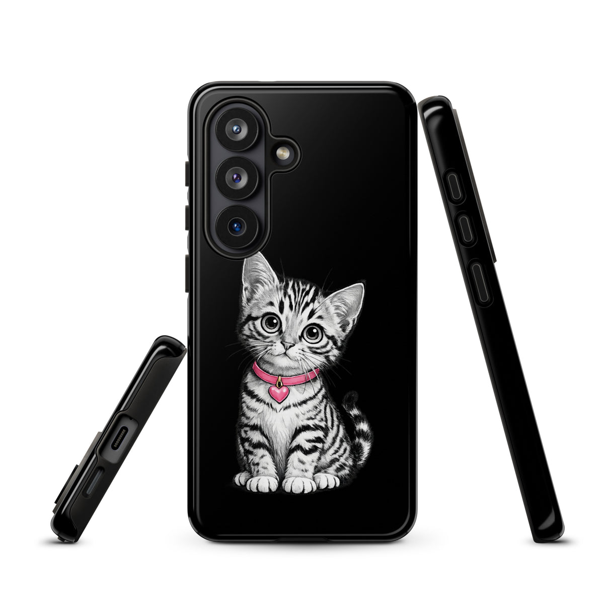 Phone Case for Samsung Galaxy with kitten sketch and pink heart charm design