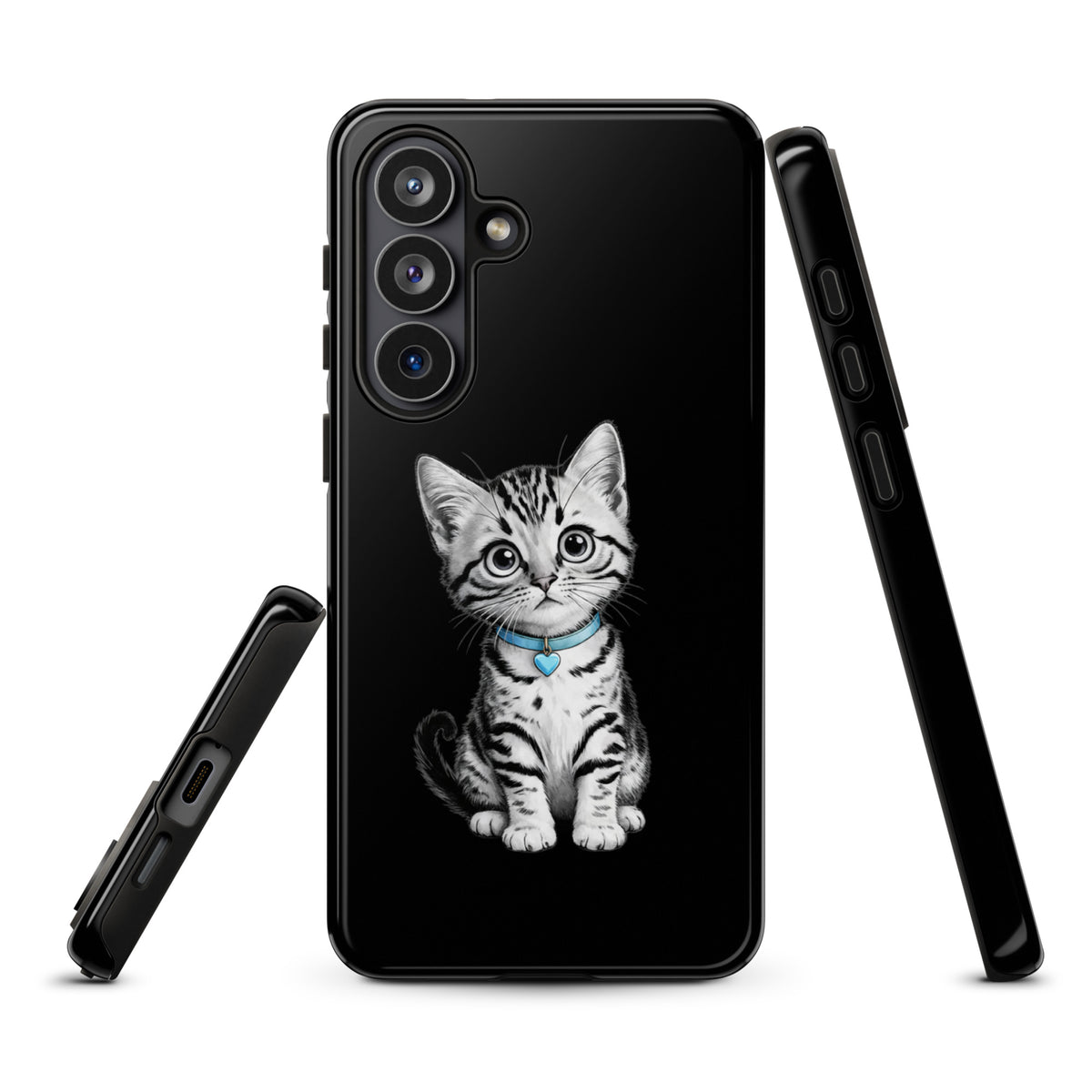 Phone Case for Samsung Galaxy featuring pencil-sketch kitten with blue heart charm, providing artful charm and premium protection.