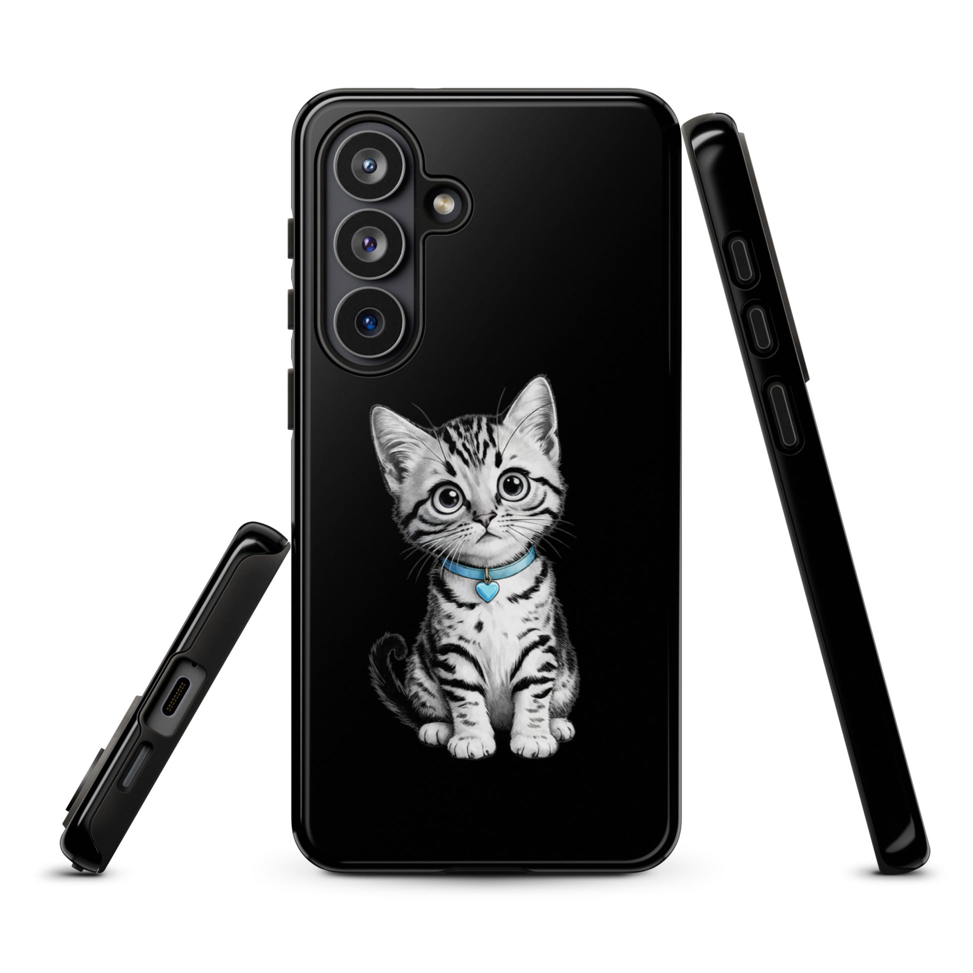 Phone Case for Samsung Galaxy featuring pencil-sketch kitten with blue heart charm, providing artful charm and premium protection.