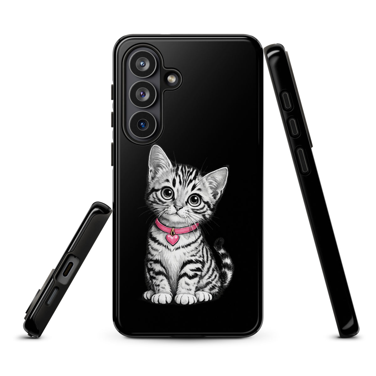 Phone Case for Samsung Galaxy featuring pencil-sketch kitten with pink collar and heart charm on black background