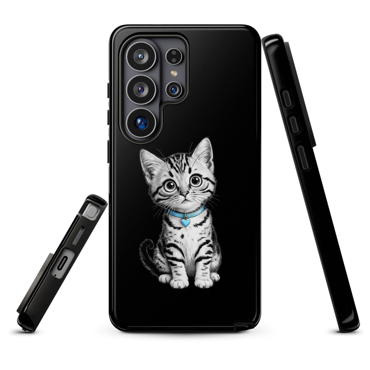 Phone Case for Samsung Galaxy with kitten sketch and blue heart charm