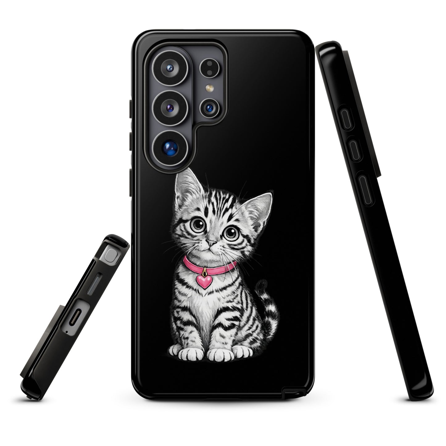 Phone Case for Samsung Galaxy featuring a pencil-sketch kitten with a pink collar and heart charm. Stylish protection for your device.
