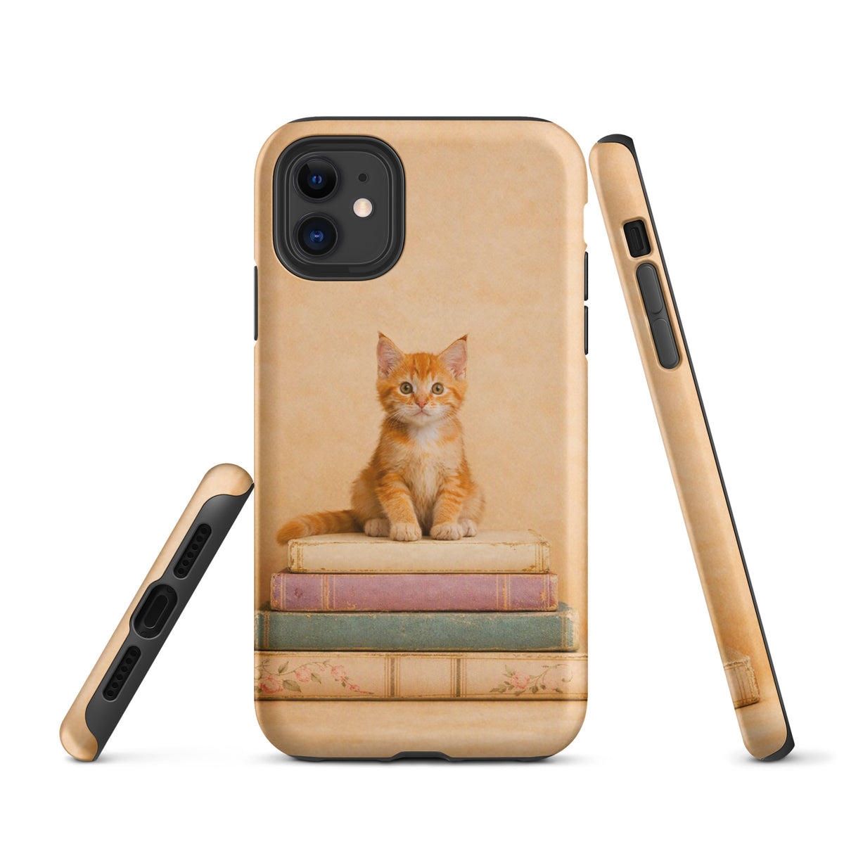 Phone Case for iPhone with cozy kitten and vintage books design, featuring an orange tabby on pastel book stack.