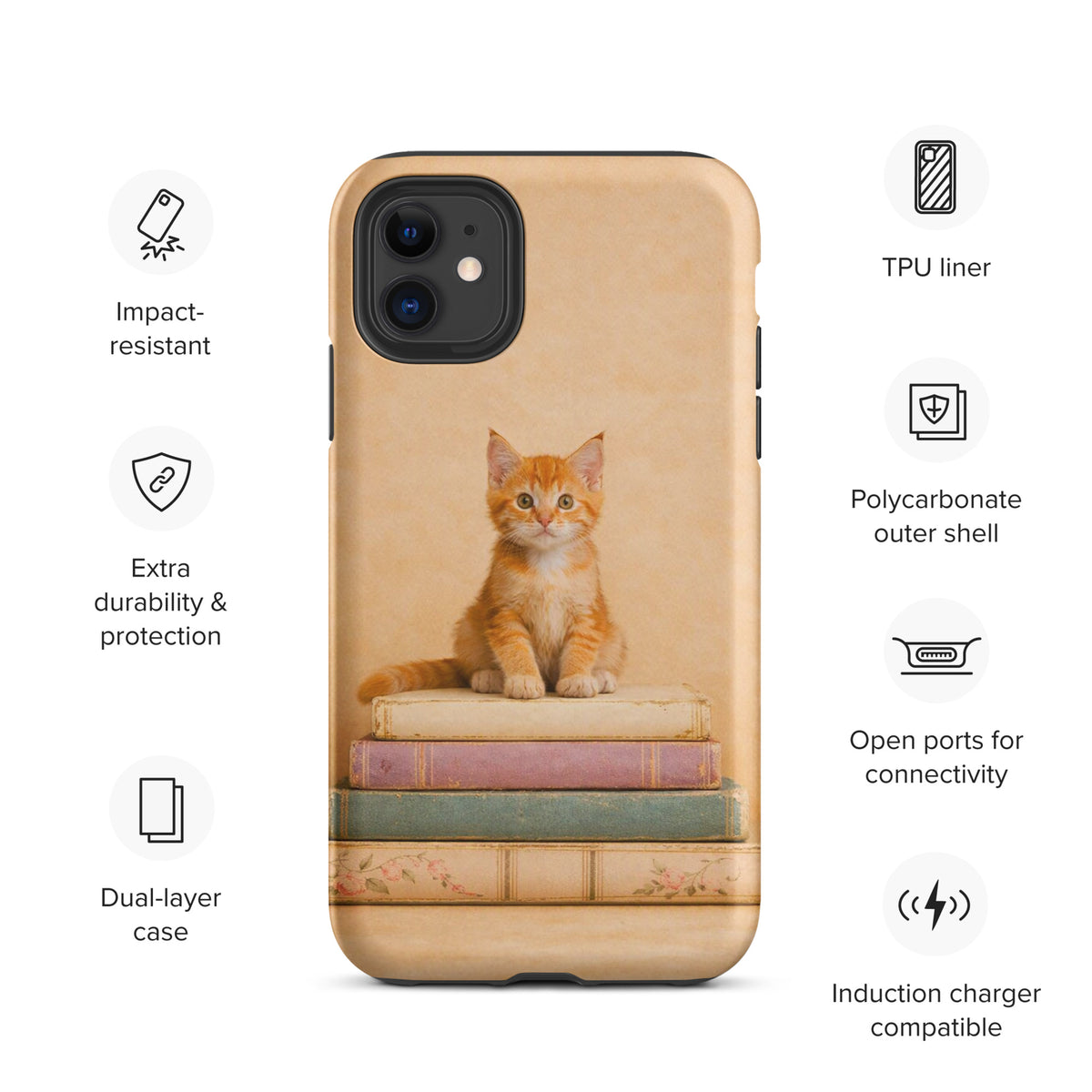 Phone Case for iPhone with cozy kitten on vintage books design, featuring impact-resistant and dual-layer protection.