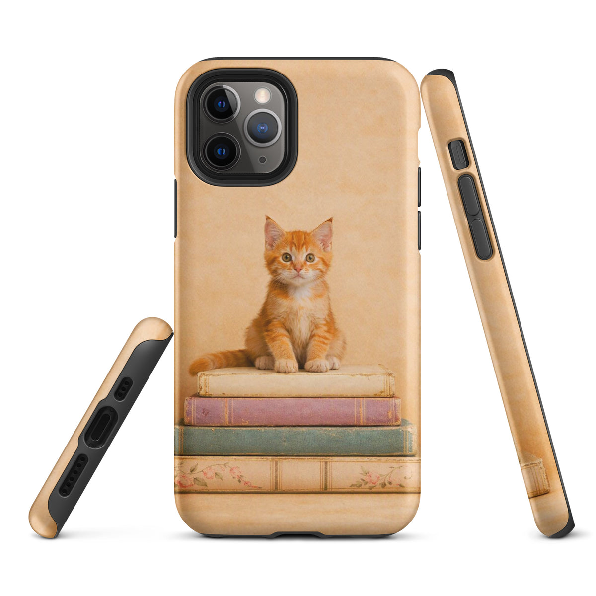 Phone Case for iPhone featuring cute kitten on vintage books, cozy design for cat lovers and book enthusiasts.