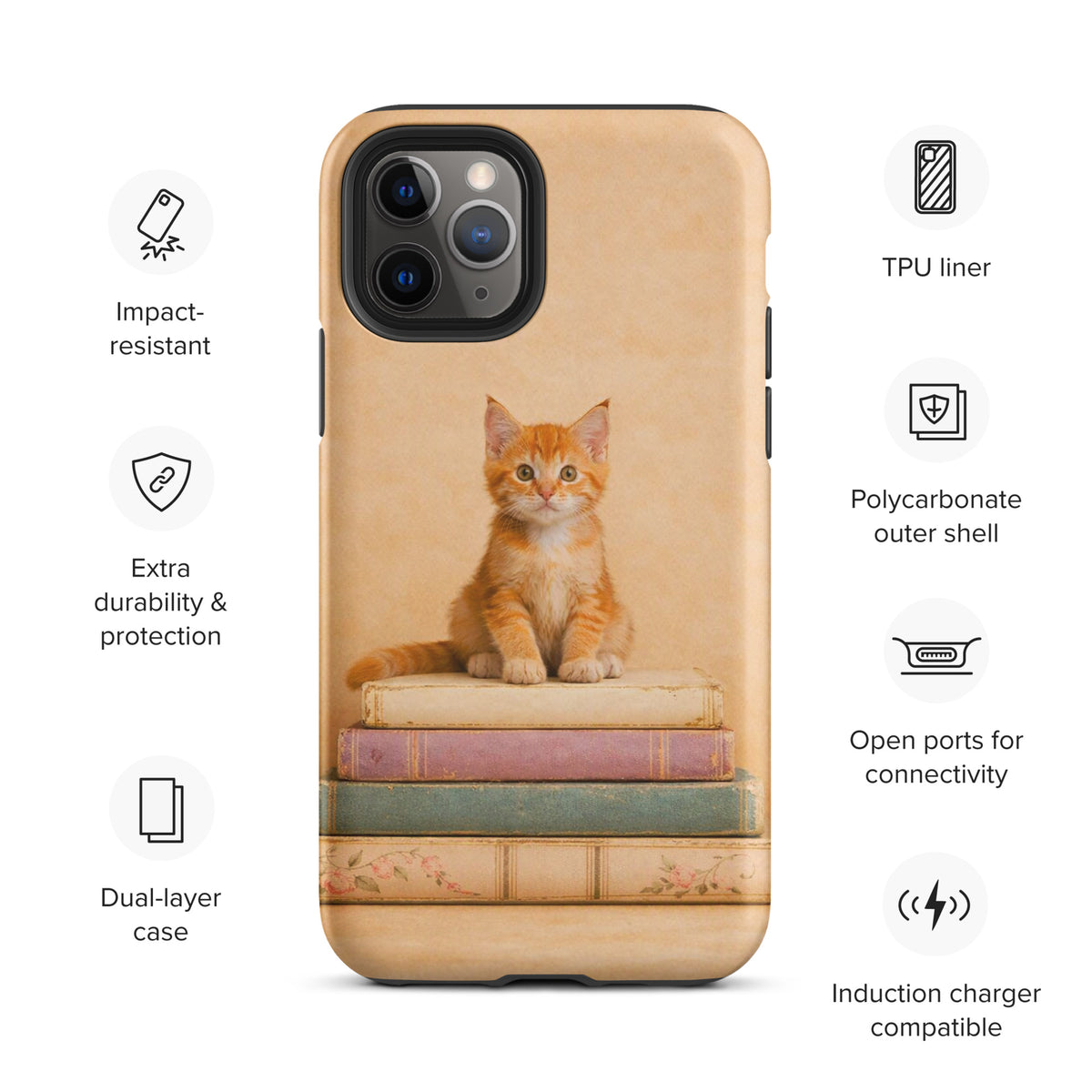 Phone Case with cozy kitten on vintage books design for iPhone; protective and stylish.