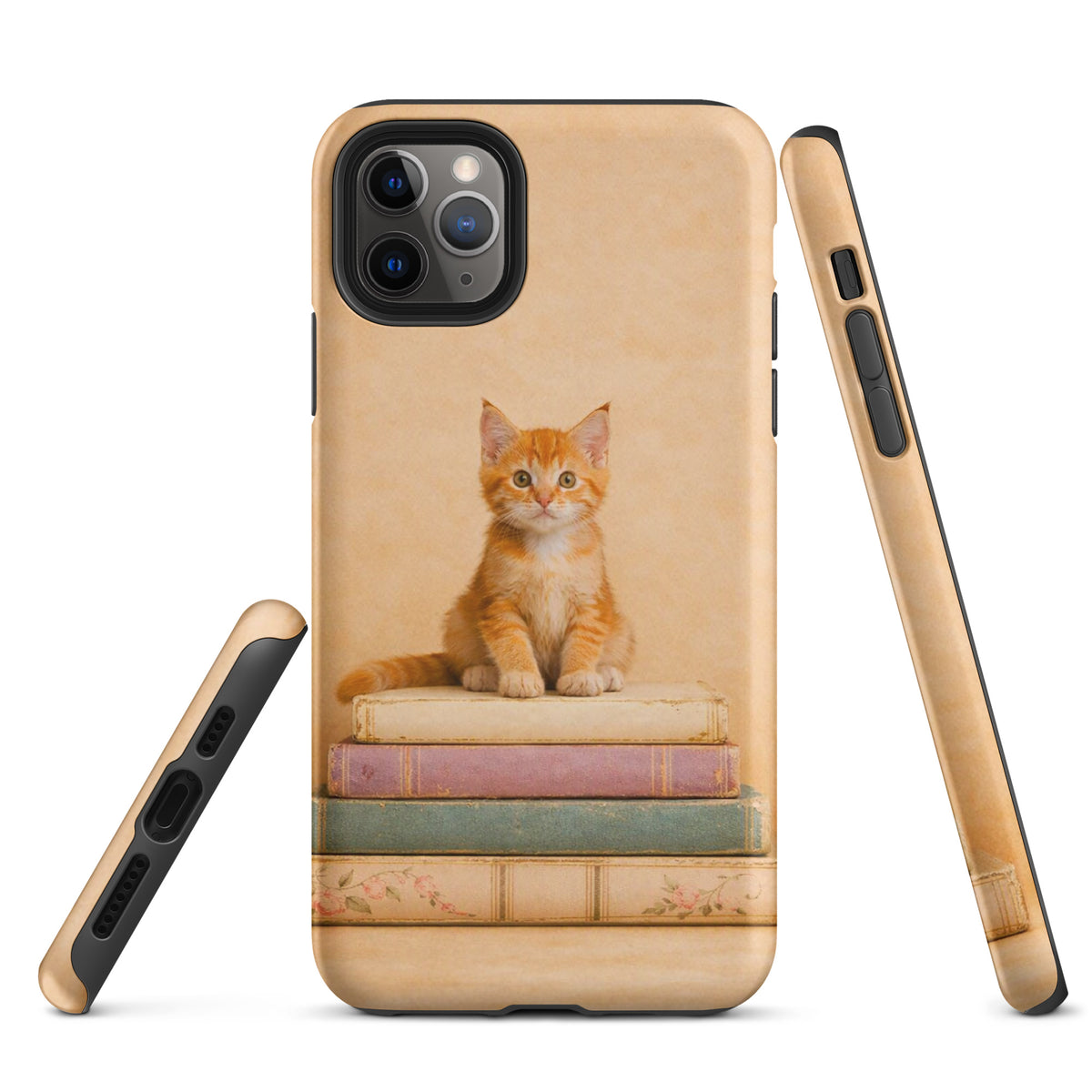 Phone Case for iPhone featuring a cute orange tabby kitten on vintage books, perfect for cat lovers and book enthusiasts
