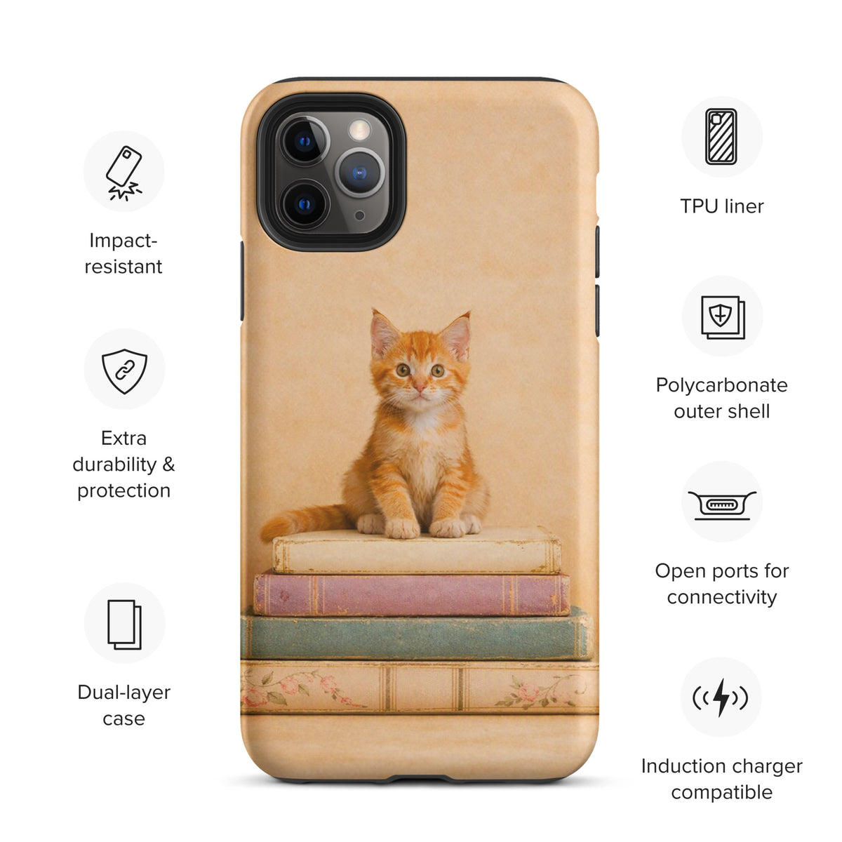 Phone Case for iPhone with cozy kitten on vintage books design, featuring impact-resistant and dual-layer protection.