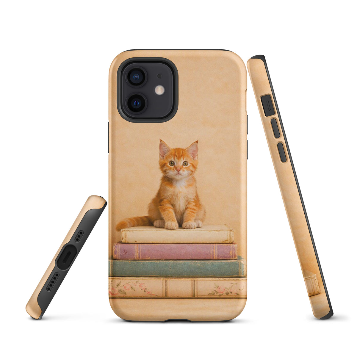 Phone Case with cozy kitten and vintage books design for iPhone, featuring an orange tabby kitten on pastel-colored books.