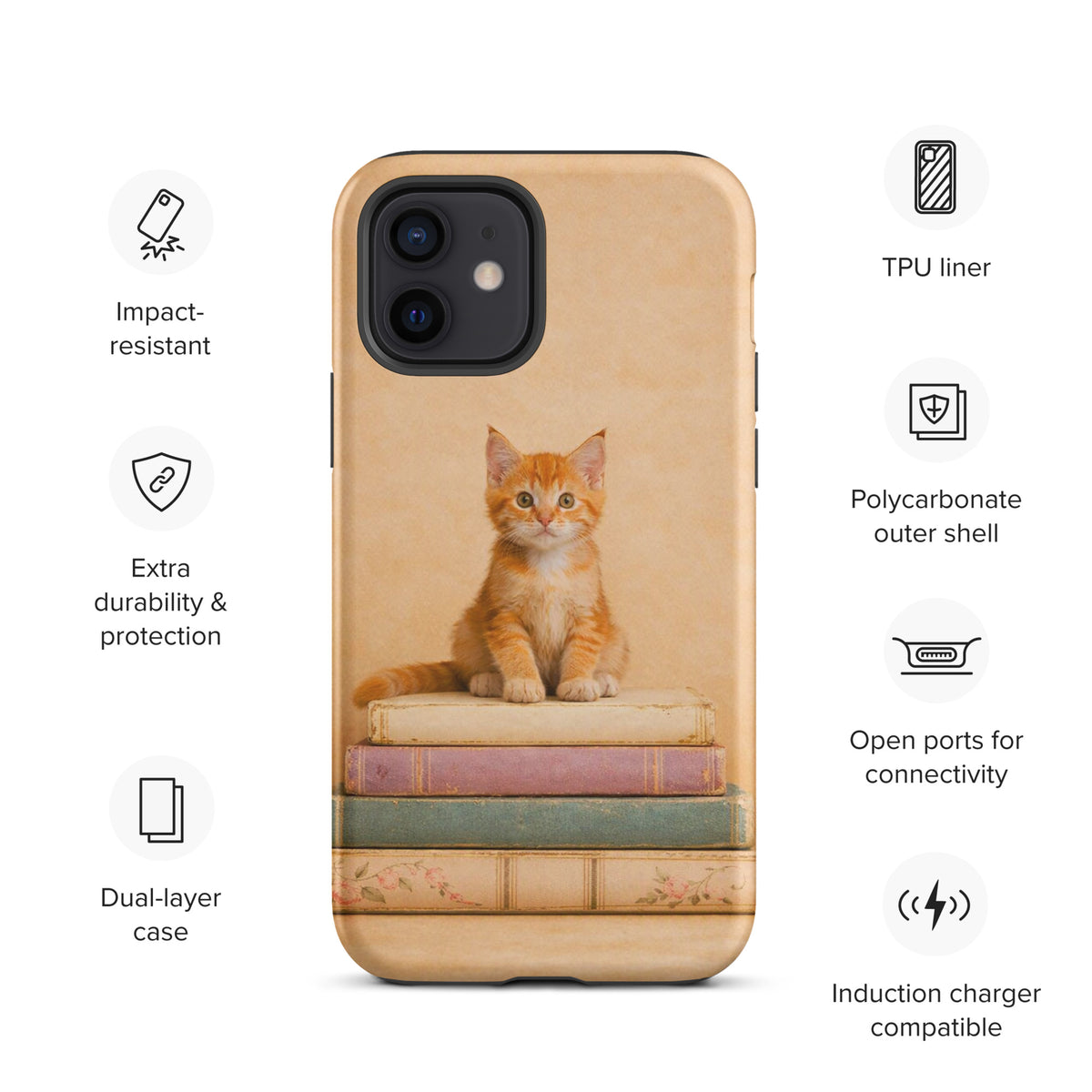 Phone Case for iPhone with adorable kitten and vintage books design, impact-resistant and durable with TPU liner and polycarbonate shell.