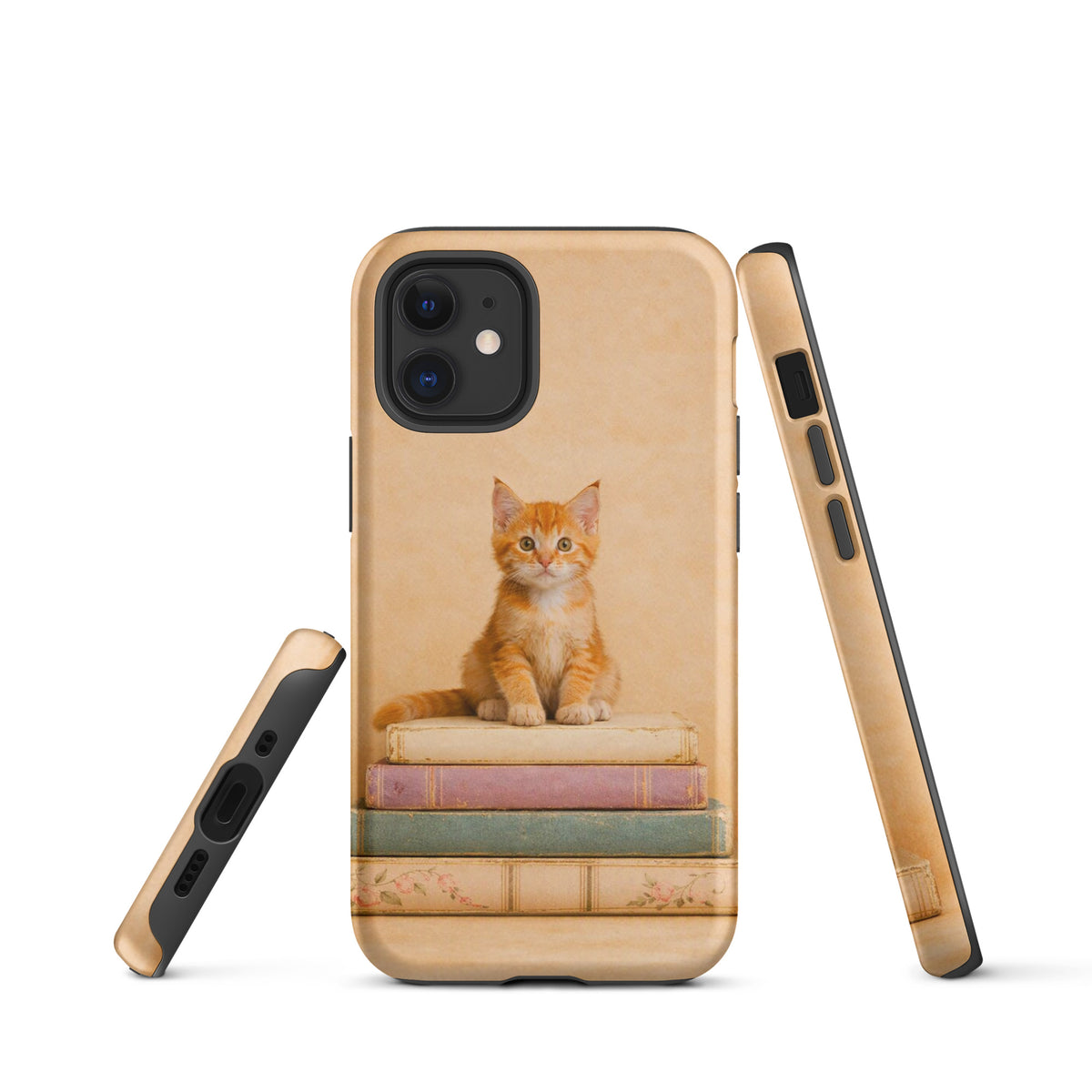 Phone Case for iPhone featuring cozy kitten on vintage books design, perfect for cat lovers and book enthusiasts.