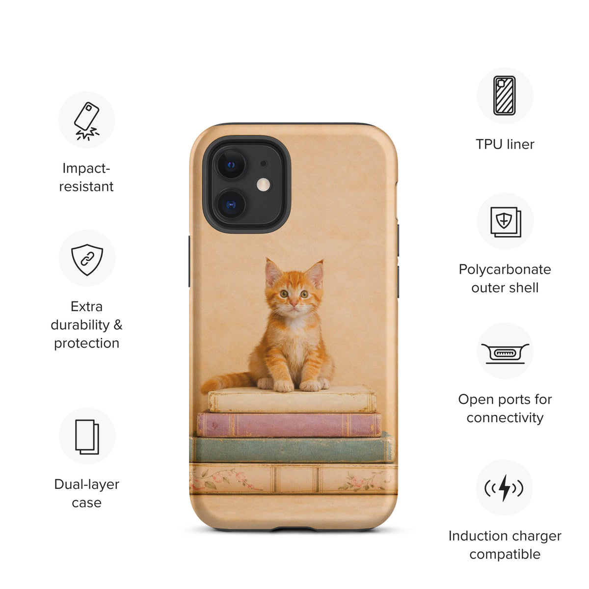 Phone Case for iPhone with orange kitten on vintage books design, dual-layer protection, impact-resistant, open ports, TPU liner.