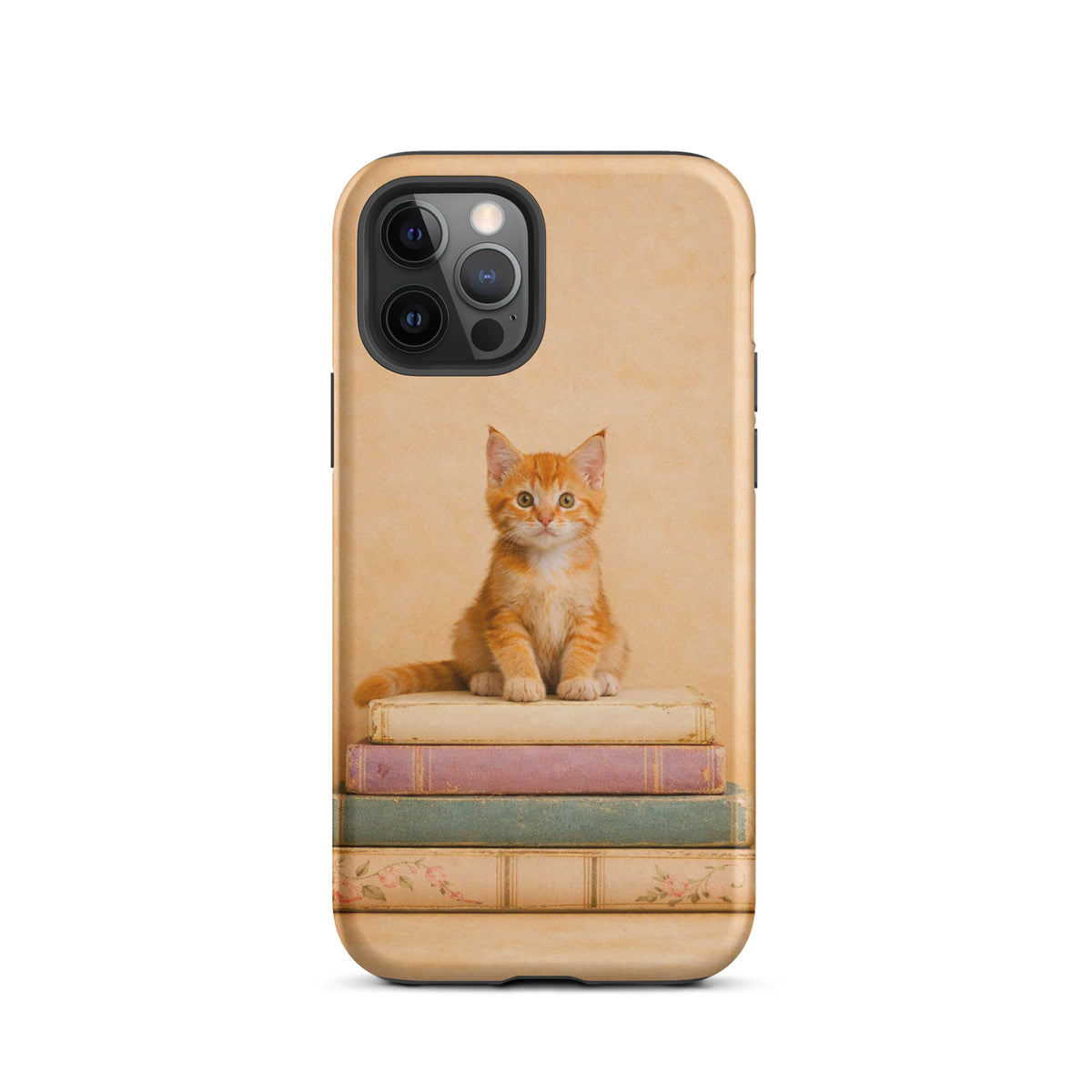Phone Case for iPhone with orange kitten and vintage books design
