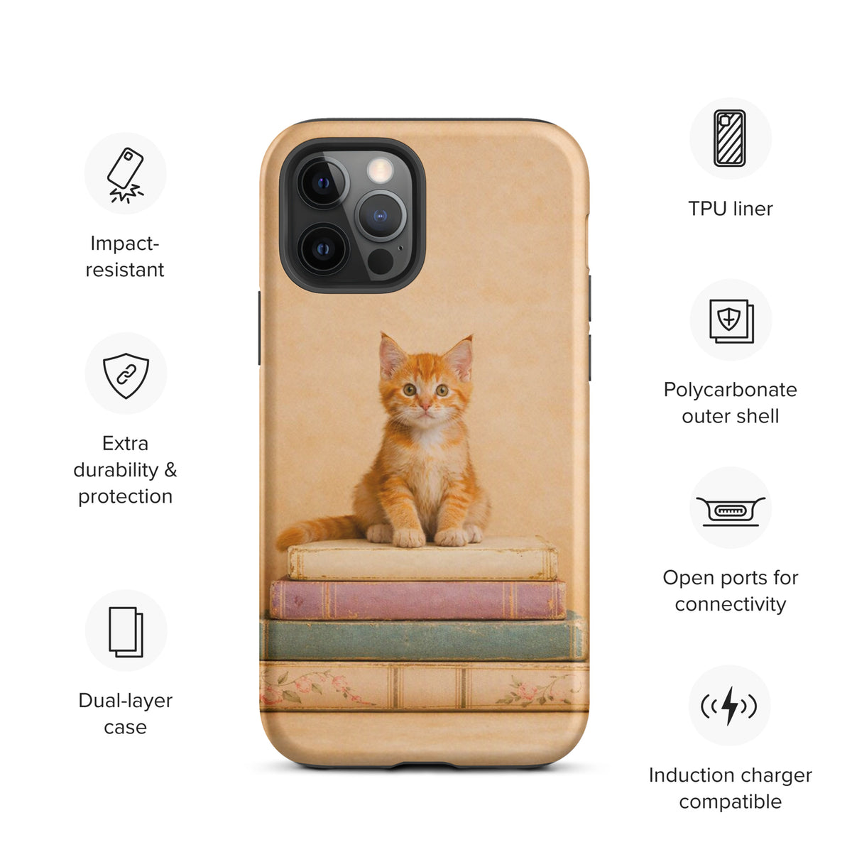 Phone Case for iPhone with cozy kitten and vintage books design, featuring a charming orange tabby cat on pastel book stack, model xx219.