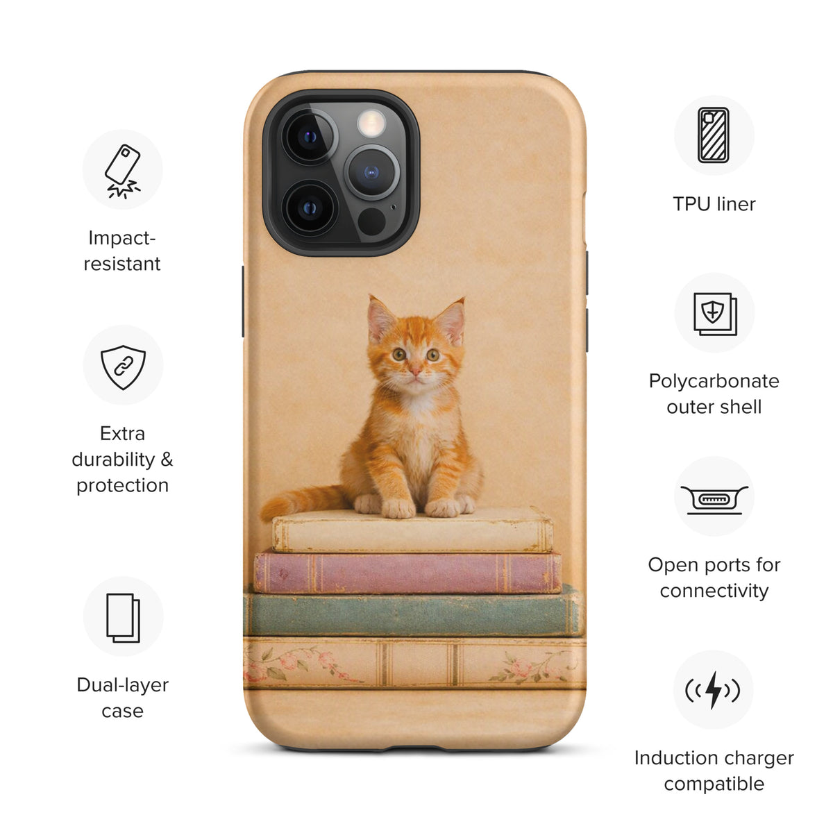 Phone Case with Cozy Kitten on Vintage Books Design for iPhone, featuring durable materials and whimsical art.