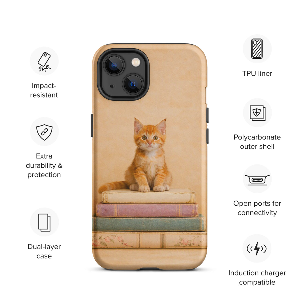 Phone Case for iPhone with cozy kitten on vintage books design, impact-resistant and induction charger compatible.