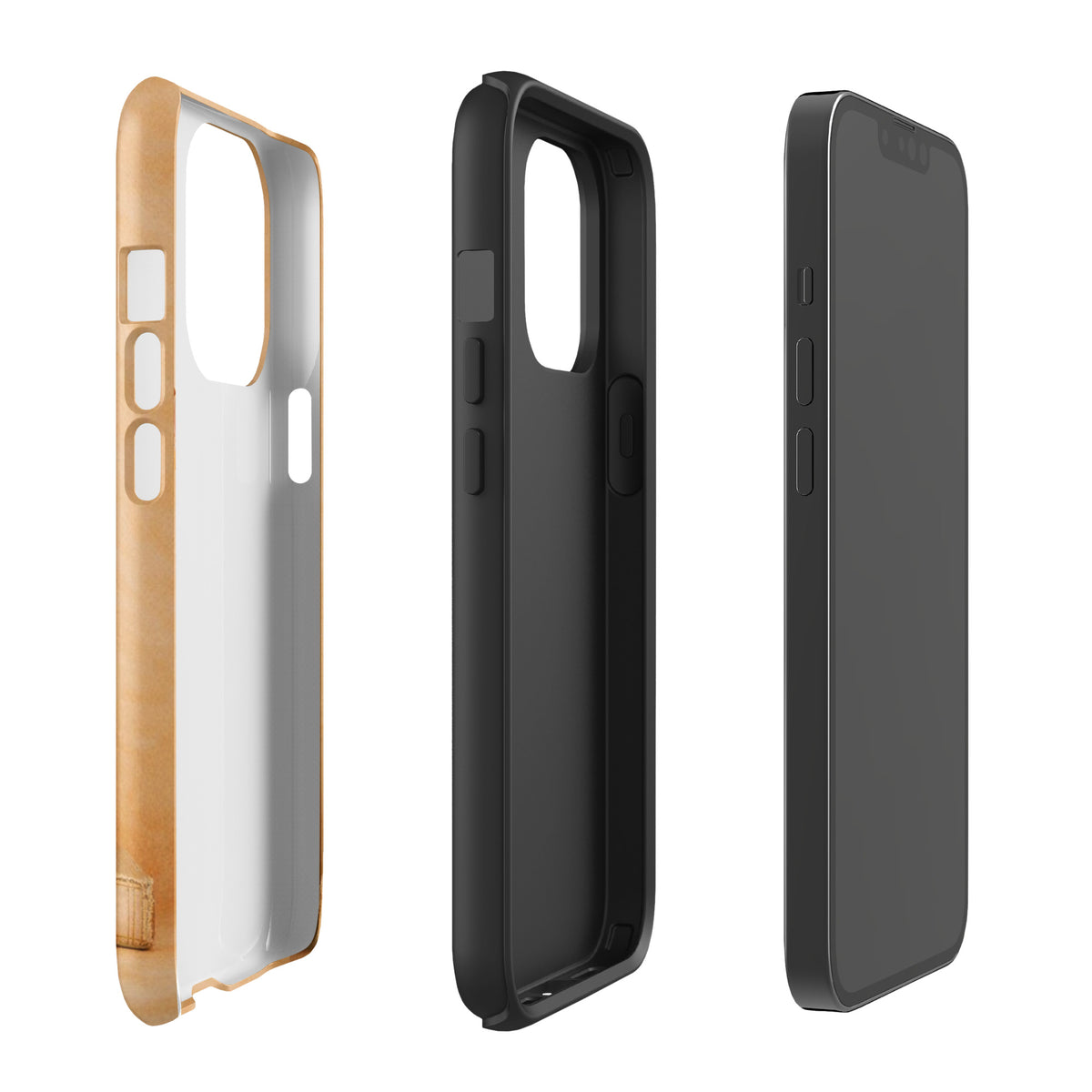 Three sleek phone cases in neutral tones, showing front, side, and back views highlighting durability and style for iPhone protection.