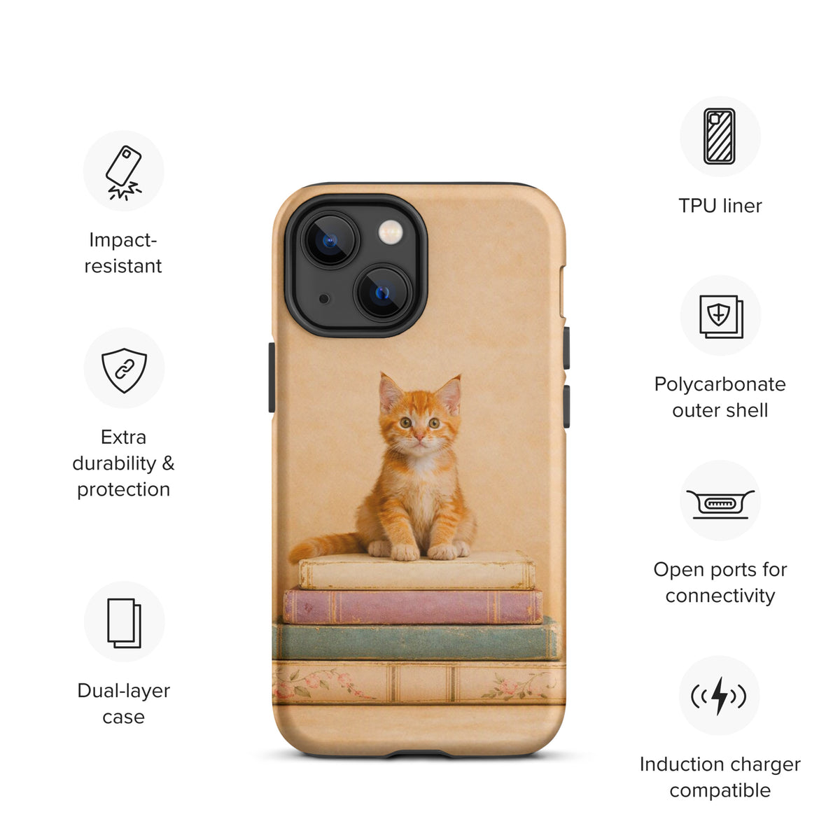 Phone Case for iPhone with cozy kitten and vintage books design, featuring impact-resistant and dual-layer protection.