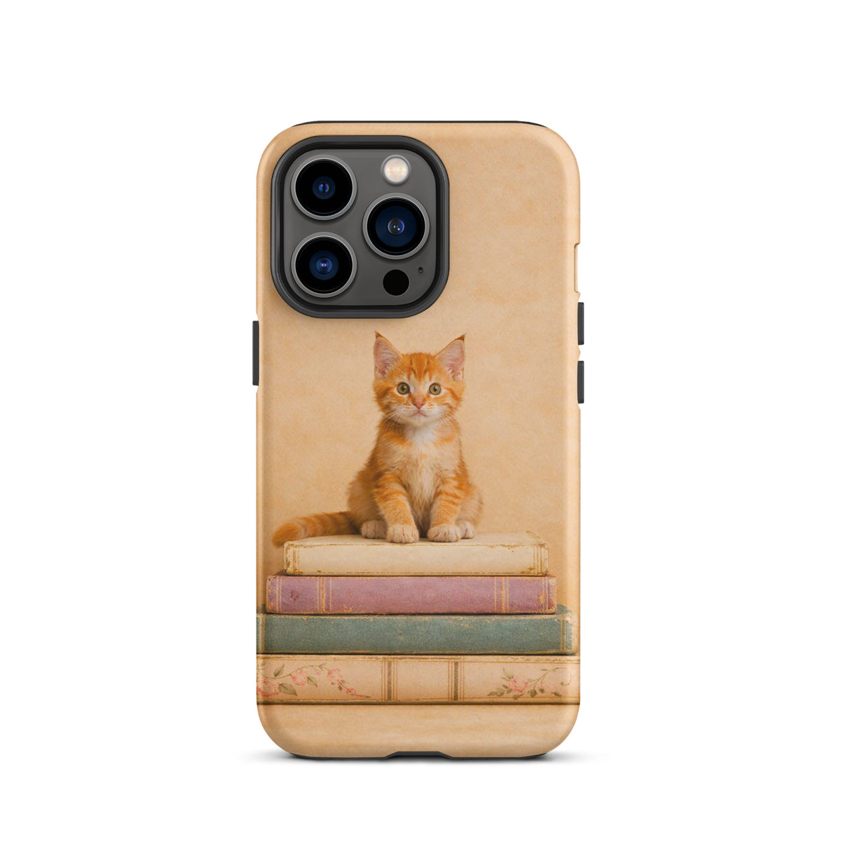 Phone Case for iPhone with cozy kitten and vintage books design, featuring an orange tabby cat on pastel books, warm nostalgic art.