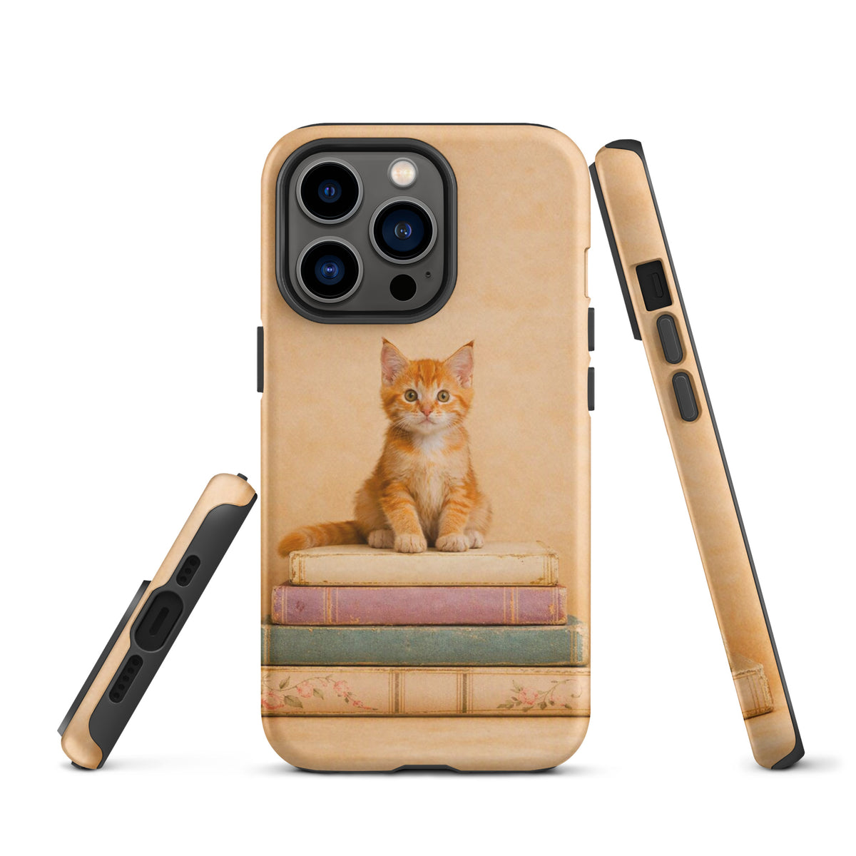 Phone Case for iPhone featuring a cute kitten on vintage books, perfect for cat lovers and book enthusiasts.