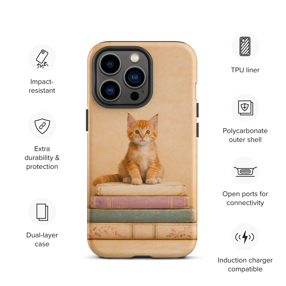 Phone Case featuring a cute orange kitten on vintage pastel books, perfect for book lovers and cat enthusiasts. Cozy nostalgia design.