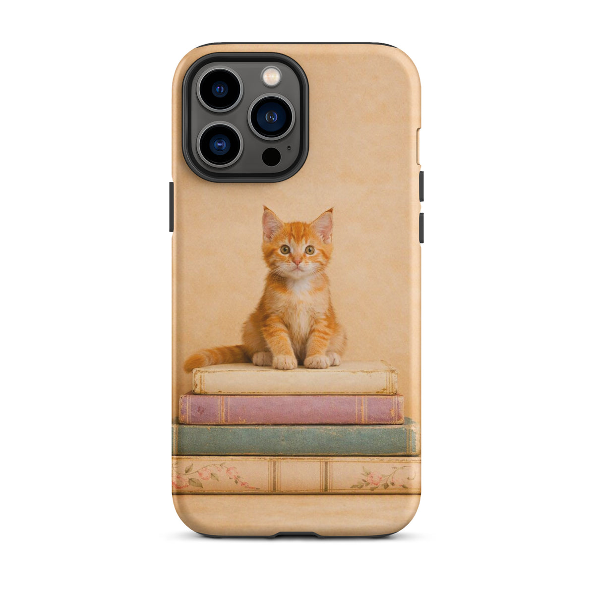 Phone Case featuring orange kitten on vintage books, cozy design