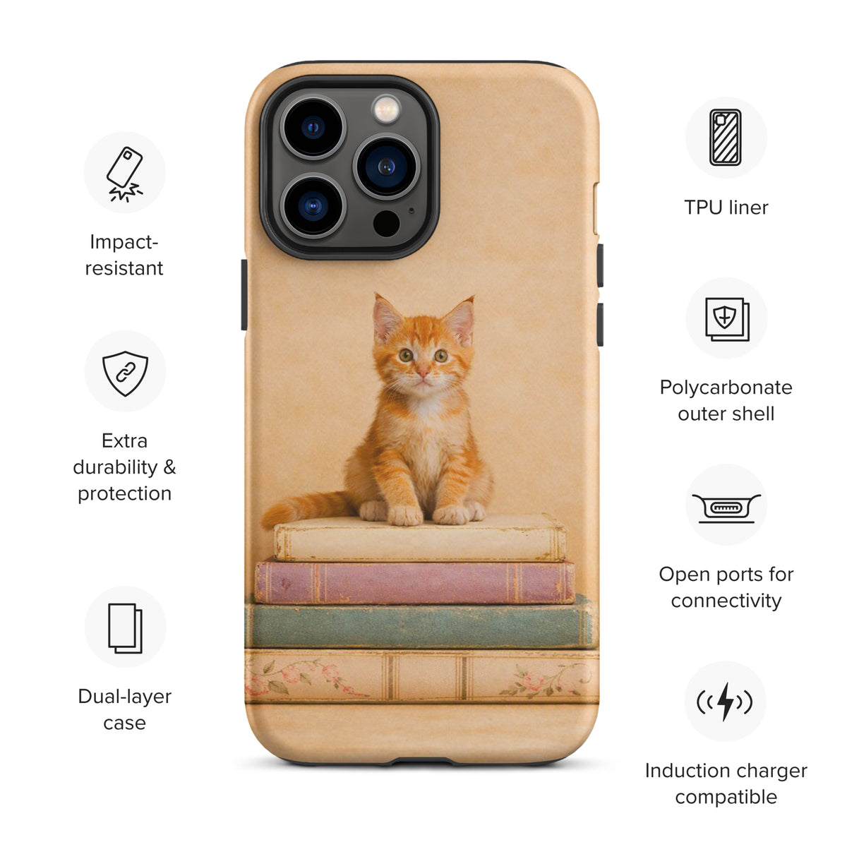 Phone Case featuring a cute orange kitten on vintage books, designed for iPhone, offering style and protection.