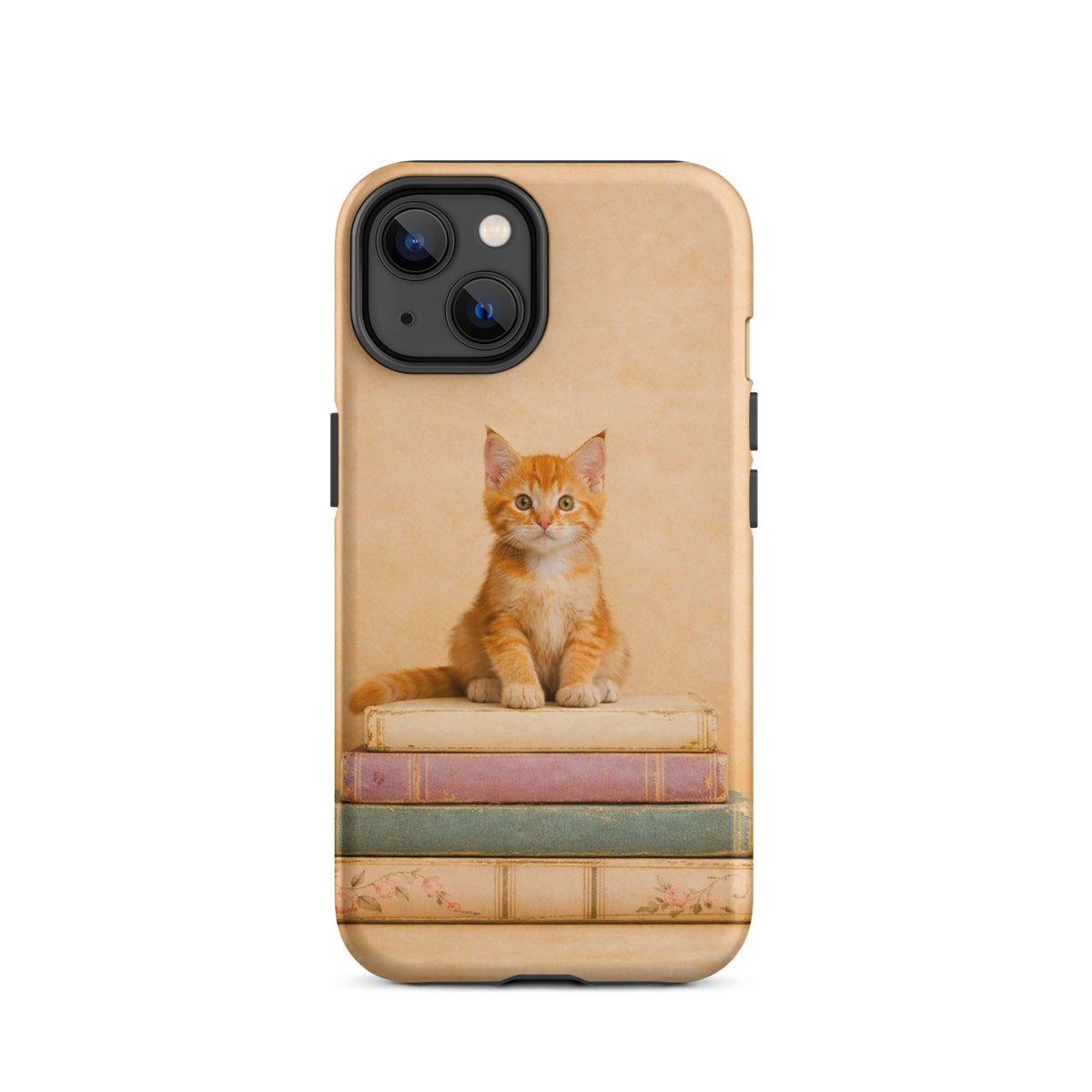 Phone Case for iPhone with kitten and vintage books design, featuring an orange tabby on pastel stacked books, cozy and artistic style.