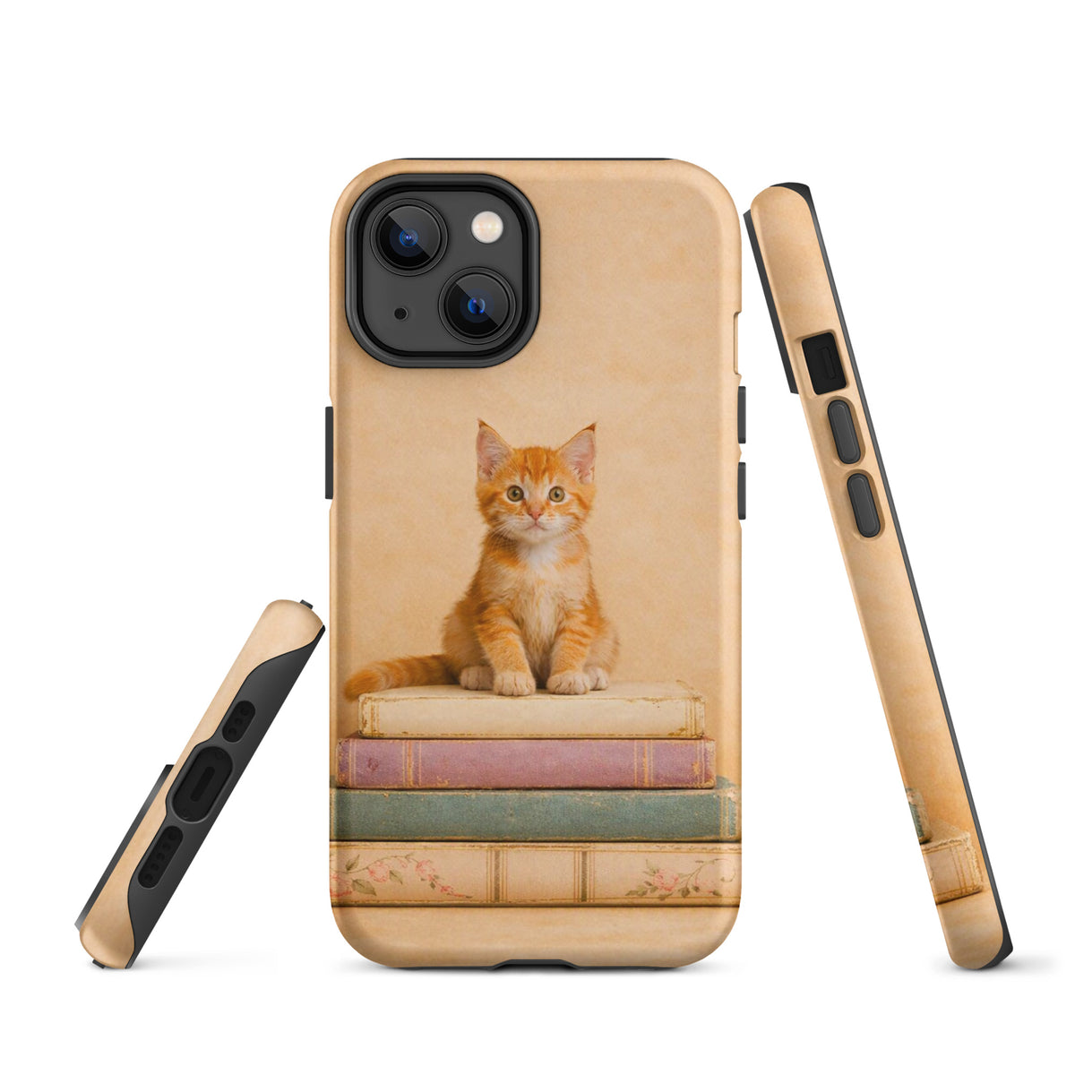 Phone Case with cozy orange kitten and vintage books design for iPhone.