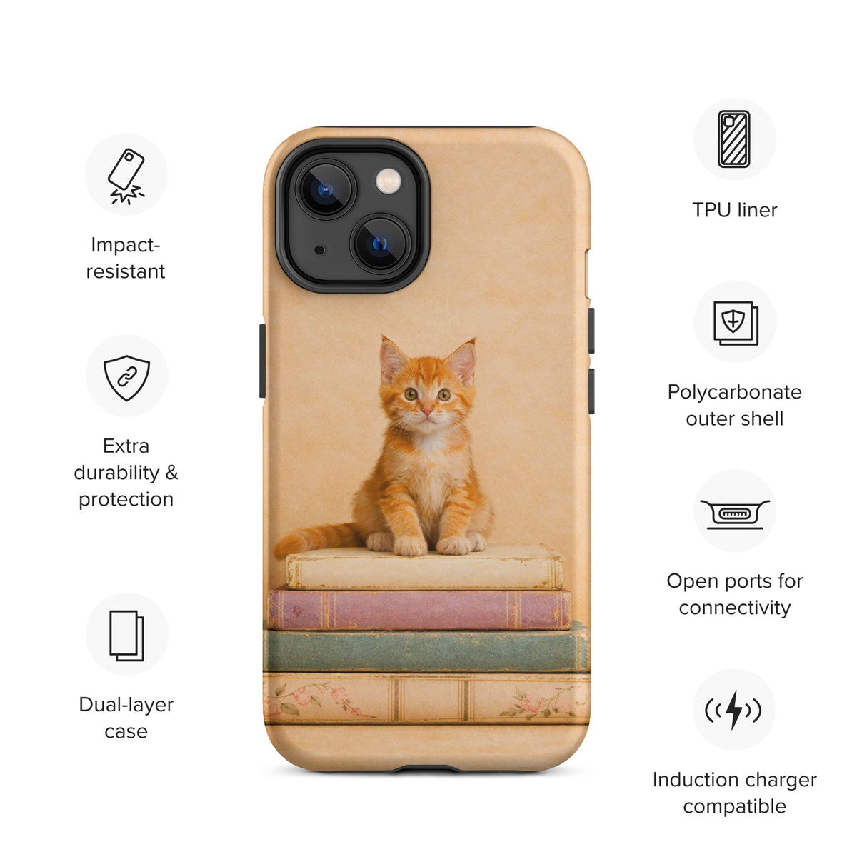 Phone Case for iPhone with cozy kitten and vintage books design, featuring a cute orange tabby cat on pastel books.
