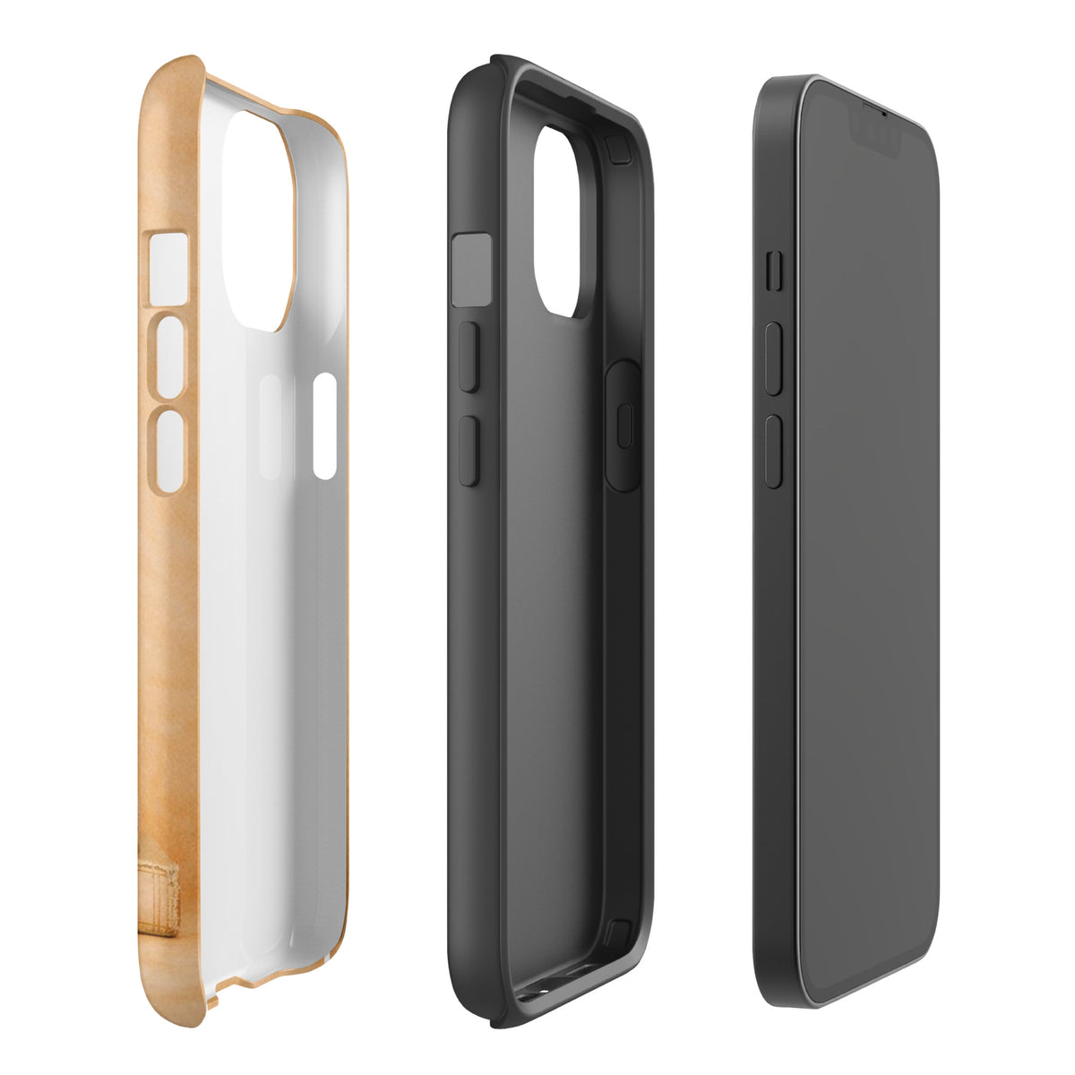 Three Phone Cases for iPhone showing side and back views in beige, black, and gray colors.