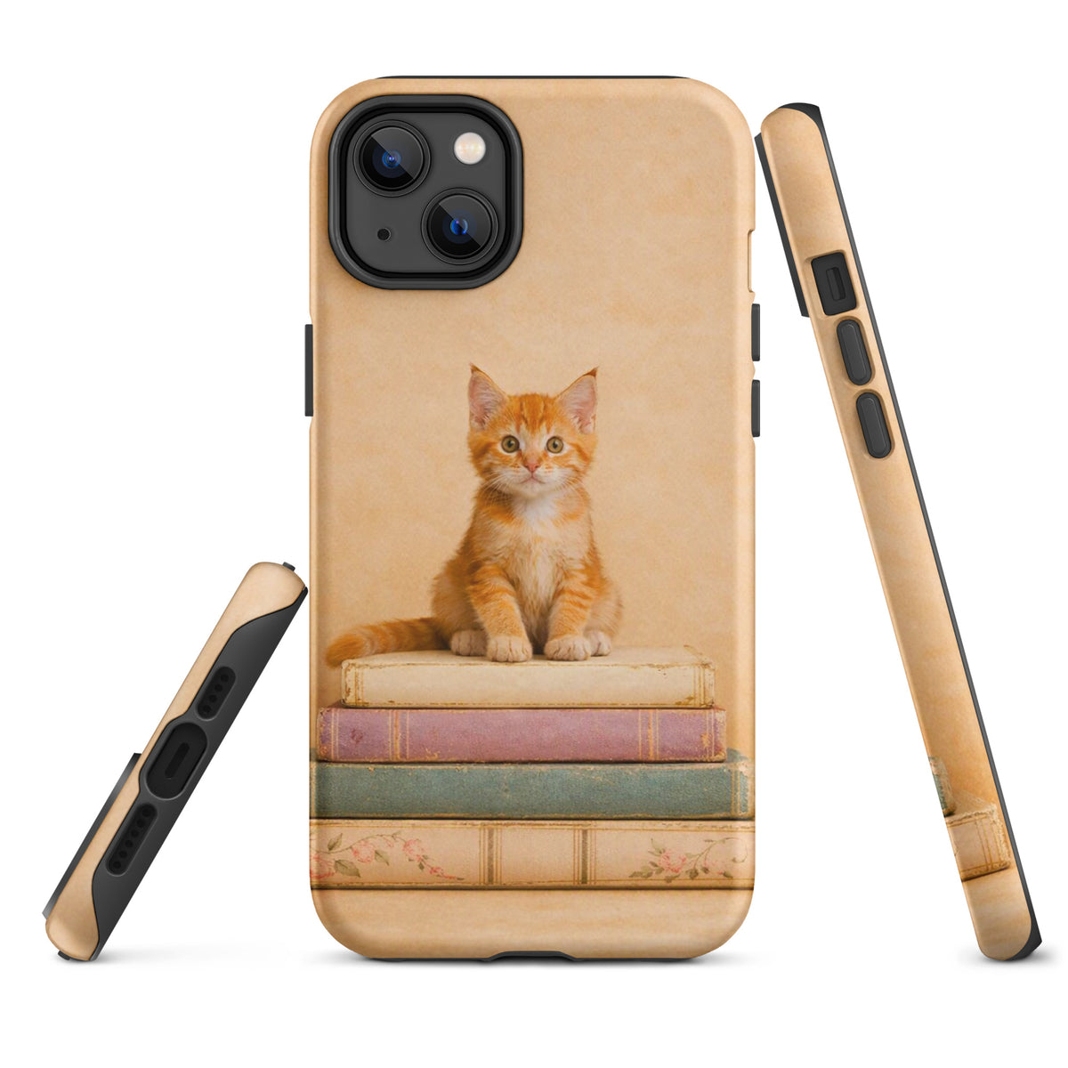 Phone Case for iPhone featuring a cozy kitten sitting on vintage books, perfect for cat lovers and book enthusiasts.