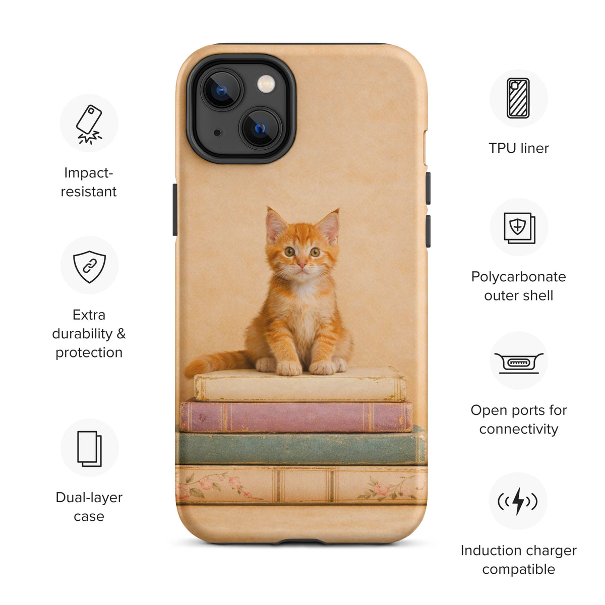 Phone Case with cozy kitten on vintage books design, featuring orange tabby cat for iPhone. Durable and charming accessory.