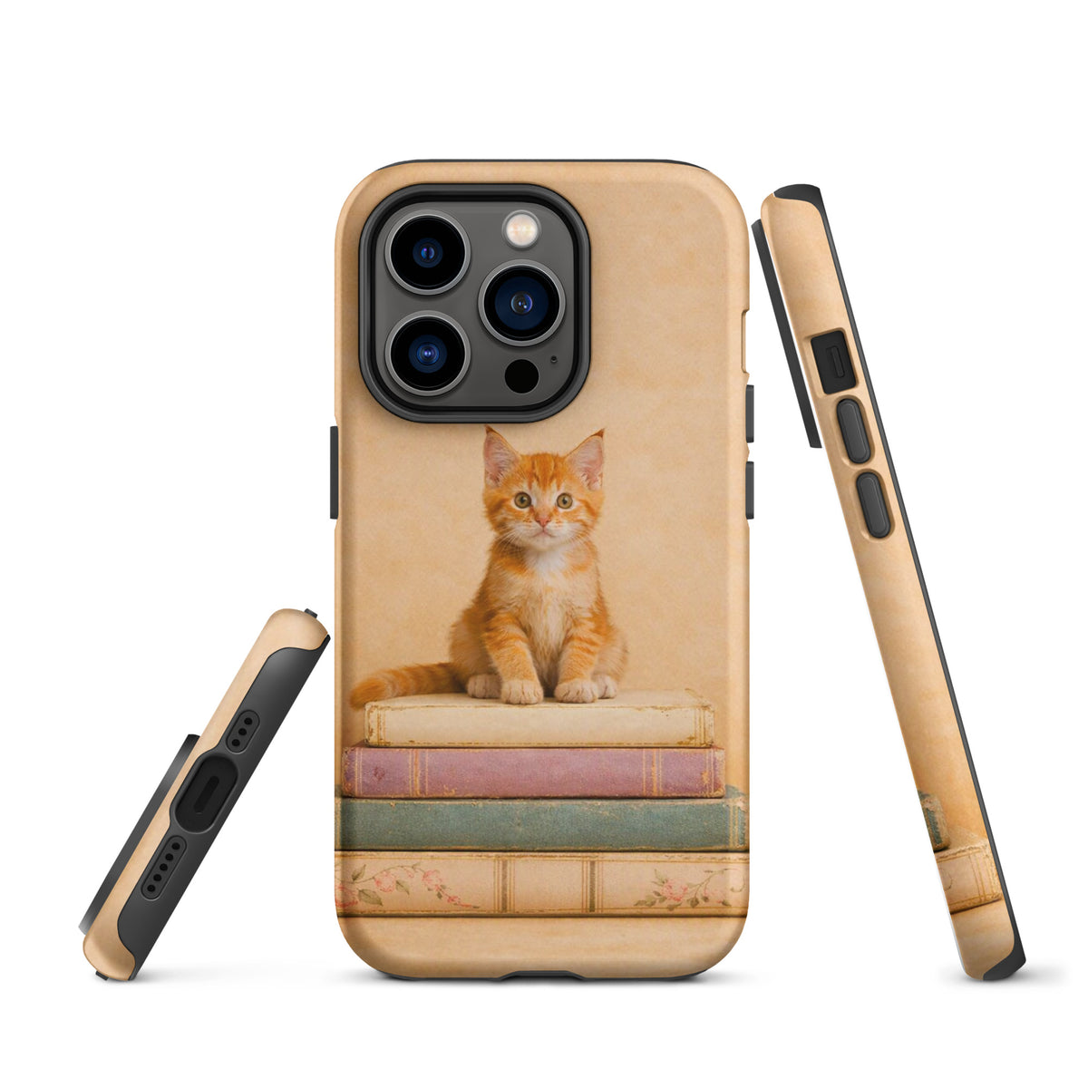 Phone Case for iPhone with cozy kitten on vintage books design, charming and protective