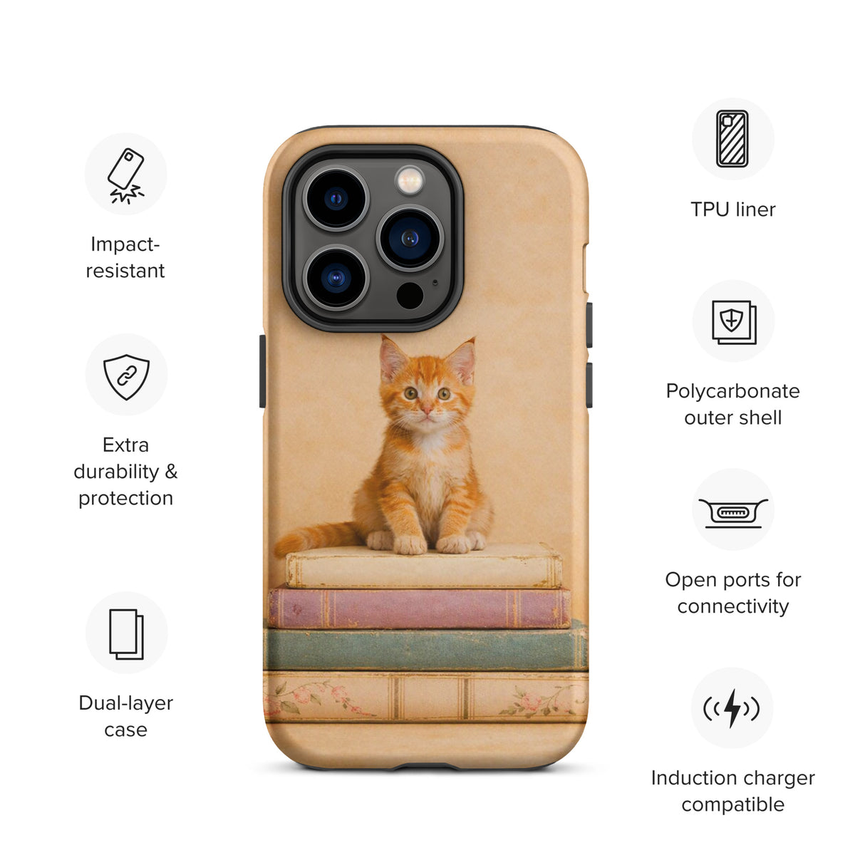 Phone Case featuring orange kitten on vintage books, iPhone accessory