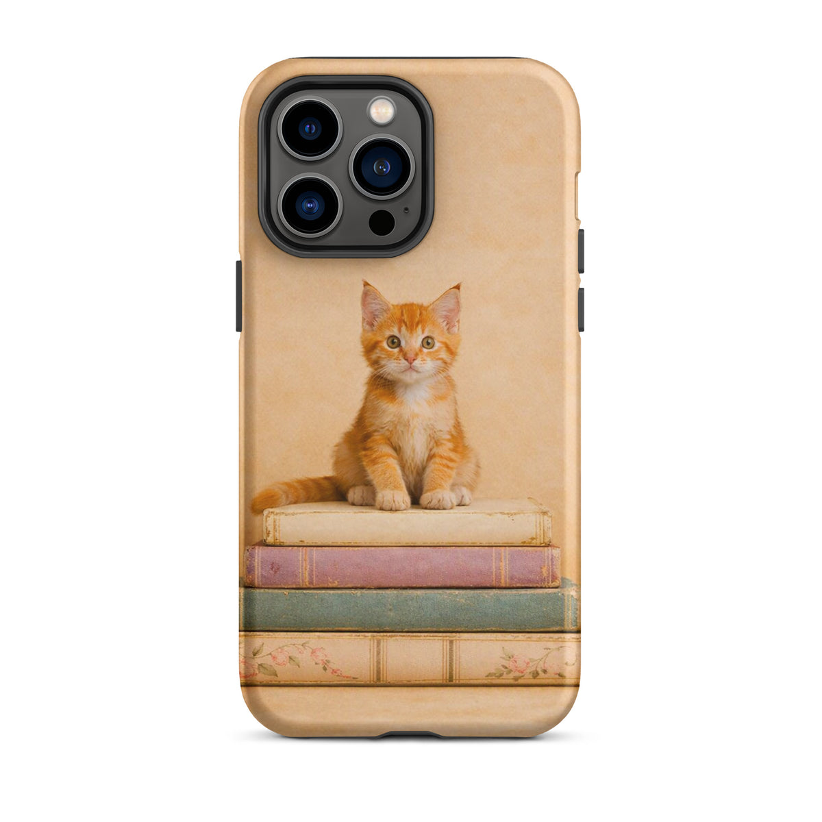Phone Case for iPhone with orange kitten on vintage books design, cozy and charming accessory, perfect for cat and book lovers.