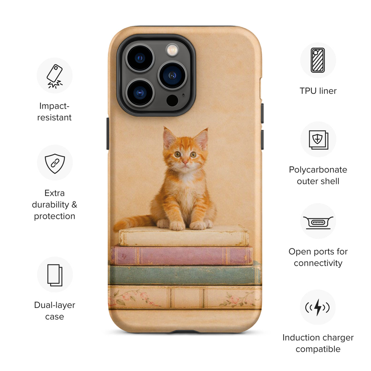 Phone Case with cozy kitten on vintage books design for iPhone, featuring impact-resistant dual-layer protection.