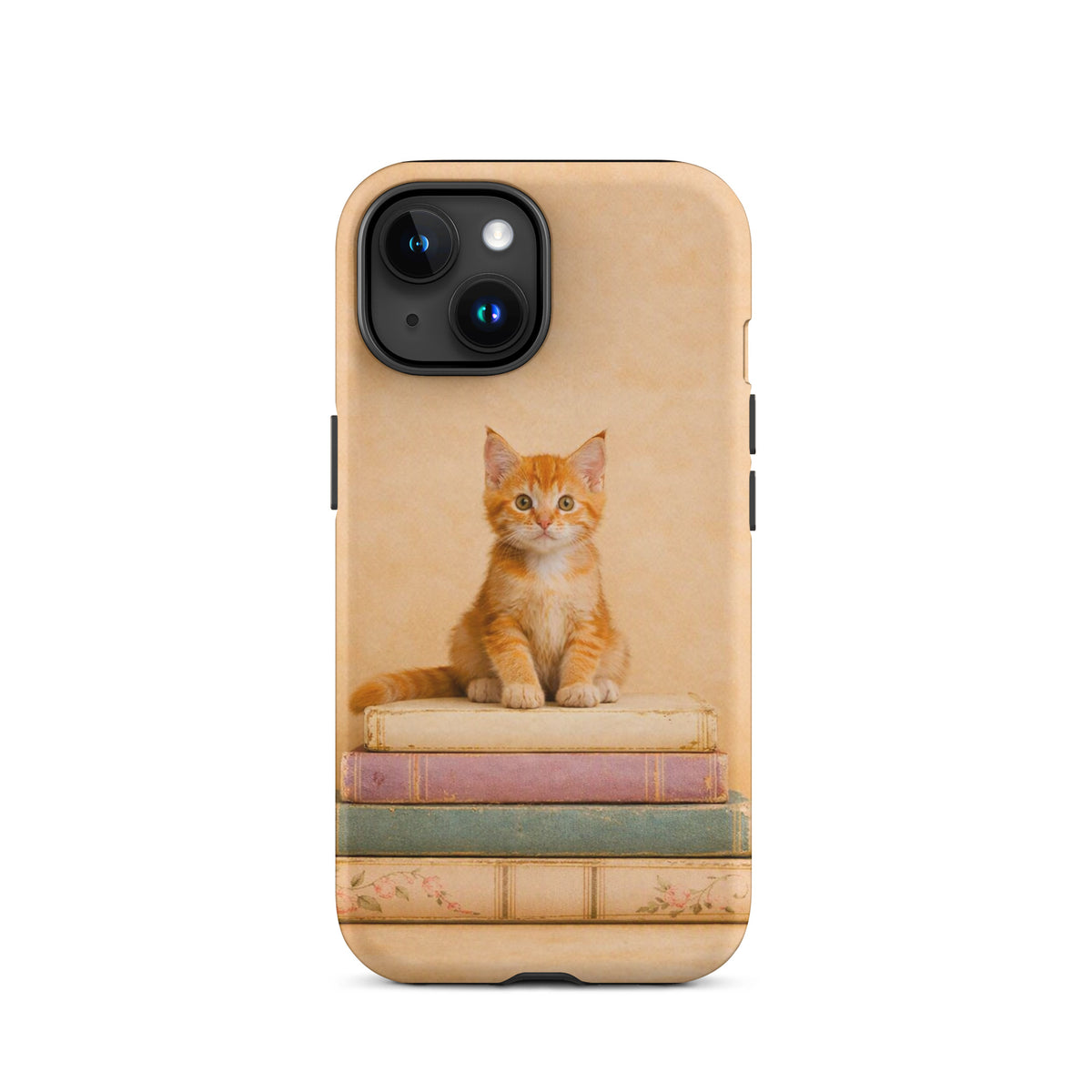 Phone Case with cozy kitten and vintage books design for iPhone, featuring orange tabby cat on pastel books.