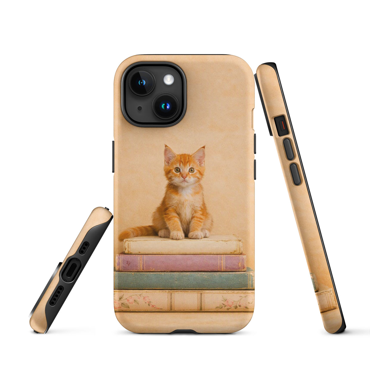 Phone Case for iPhone with cozy kitten and vintage books design, featuring an orange tabby cat on pastel books for a whimsical look.