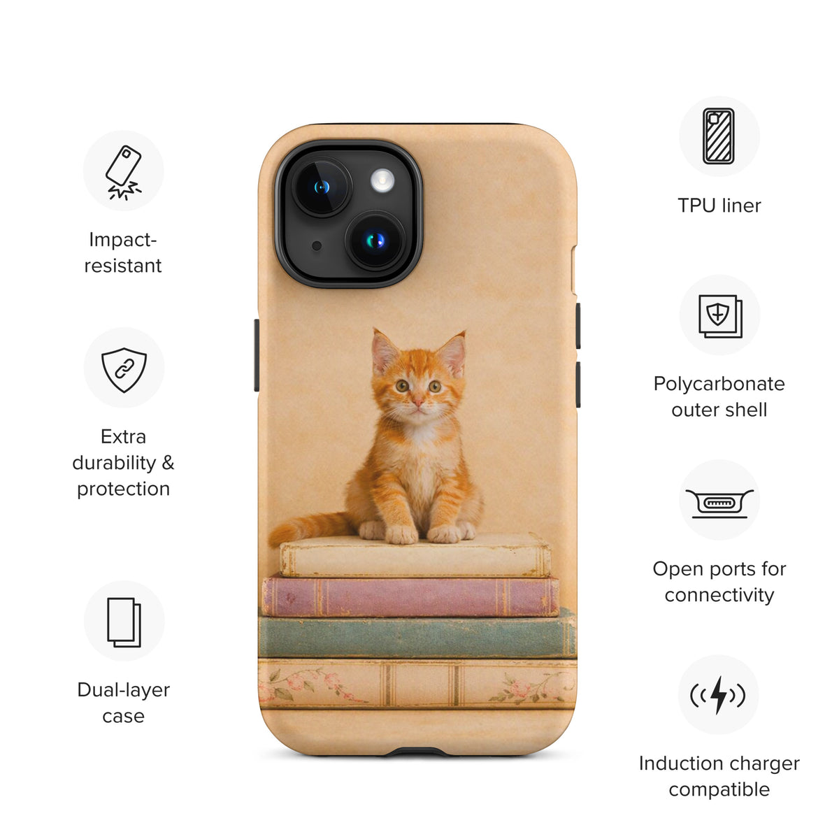 Phone Case for iPhone with cozy kitten on vintage books design, showcasing impact-resistant and durable features.