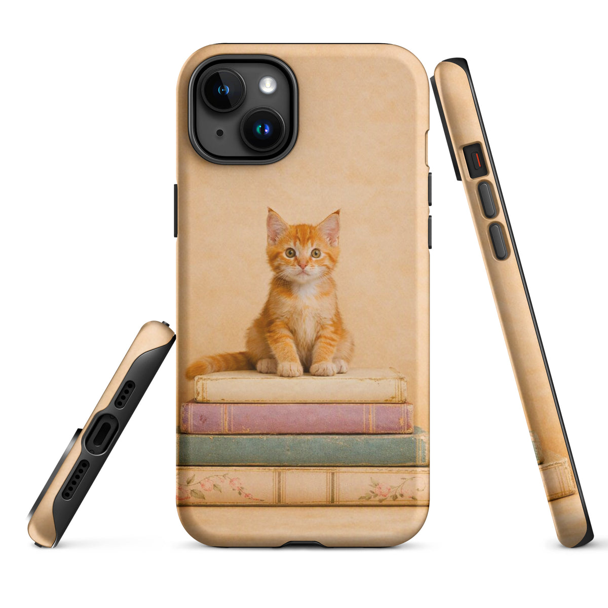 Phone Case for iPhone with cozy orange kitten on vintage books design, perfect for cat lovers and book enthusiasts.