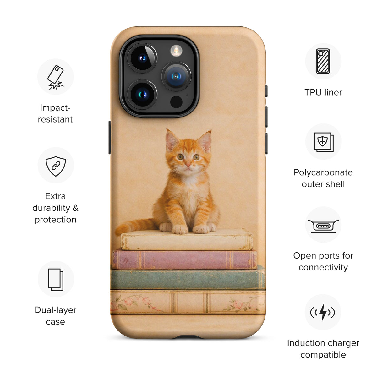 Phone Case with cozy kitten on vintage books design for iPhone