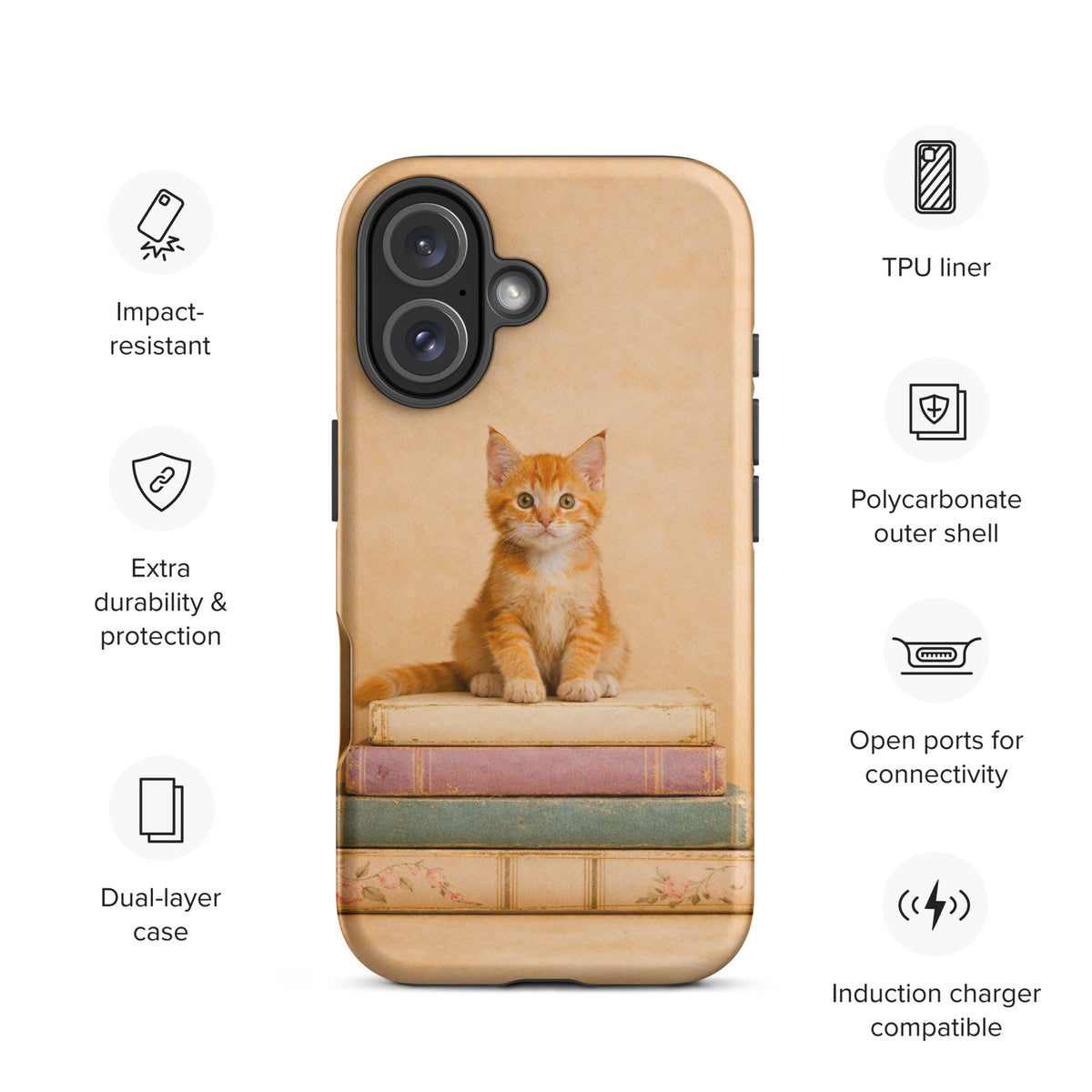 Phone Case for iPhone featuring a cozy kitten on vintage books design, emphasizing charm and protection.