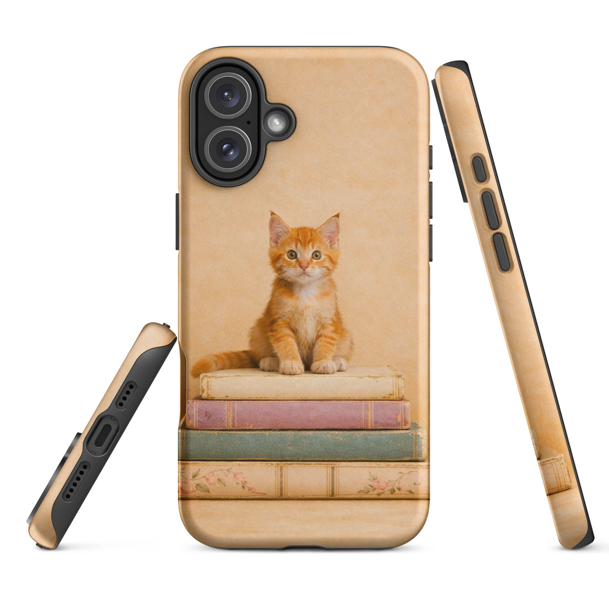 Phone Case featuring cozy kitten on vintage books design for iPhone, perfect for cat lovers and book enthusiasts.