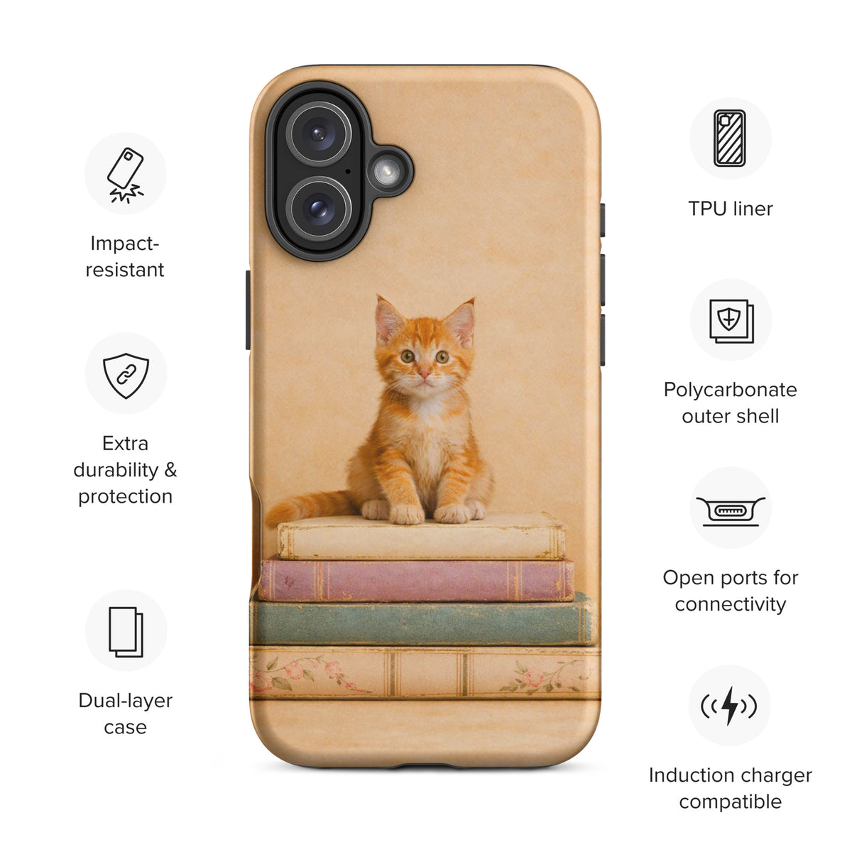 Phone Case for iPhone featuring orange kitten on vintage books, TPU liner, impact-resistant, dual-layer, polycarbonate, wireless charging